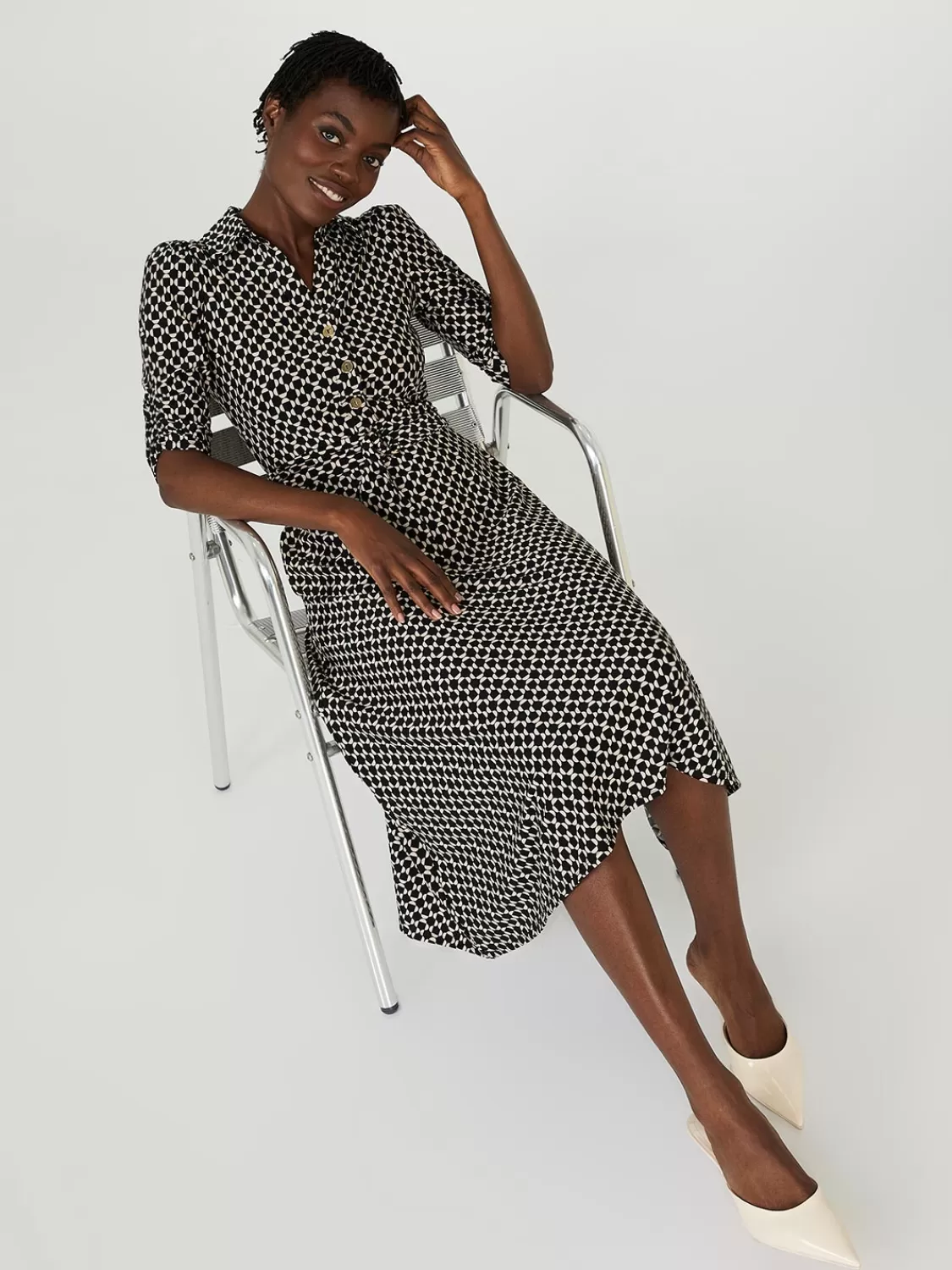 Suzy Shier Work Dresses | Dresses*Geo Print Button-Front Midi Dress With Pockets