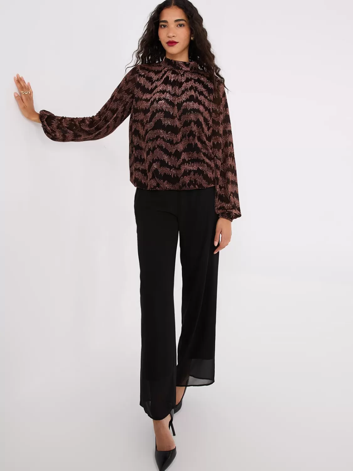 Suzy Shier Long Sleeve*Glitter Jacquard Mock Neck Top