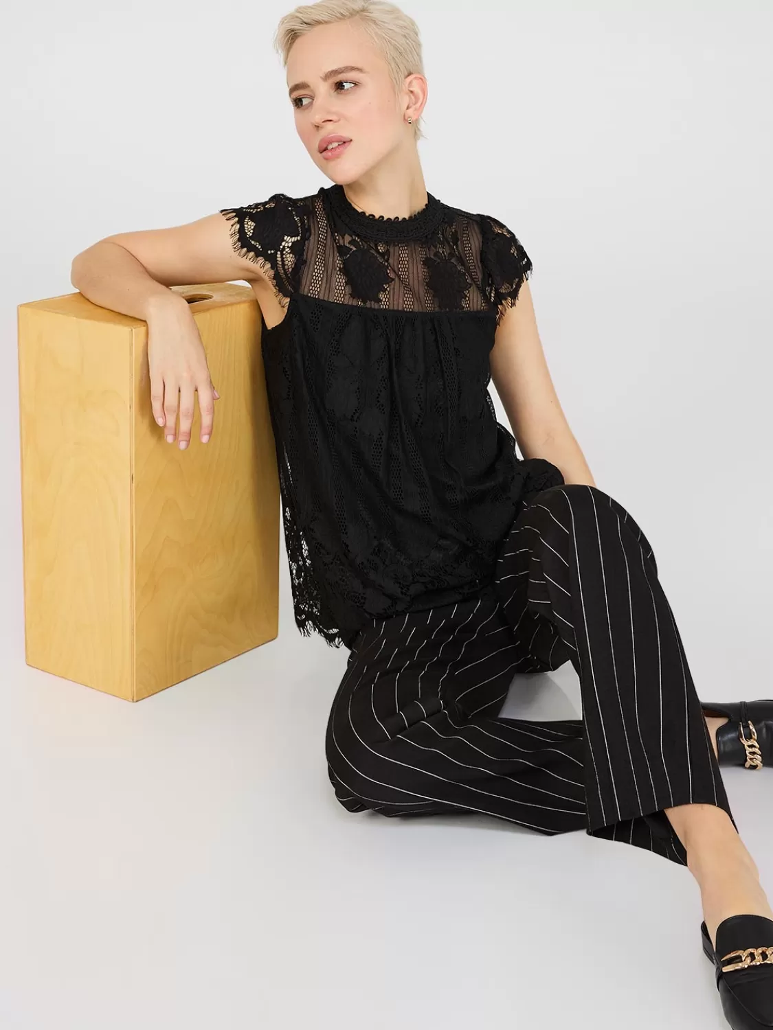Suzy Shier Tops | Short Sleeve*Lace Cap Sleeve Top With Crochet Detail