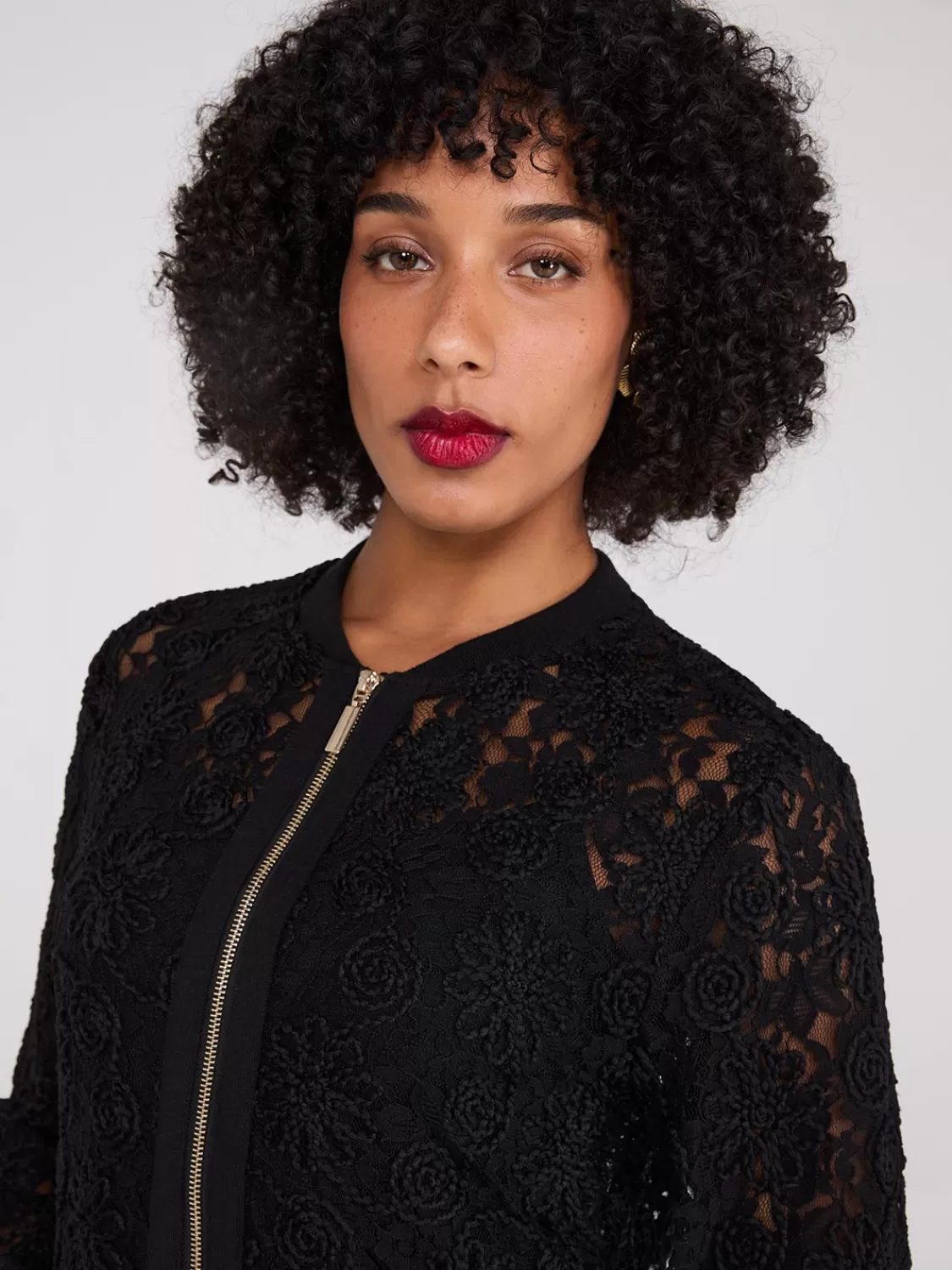 Suzy Shier Tops | Long Sleeve*Lace Embroidered Bomber Jacket