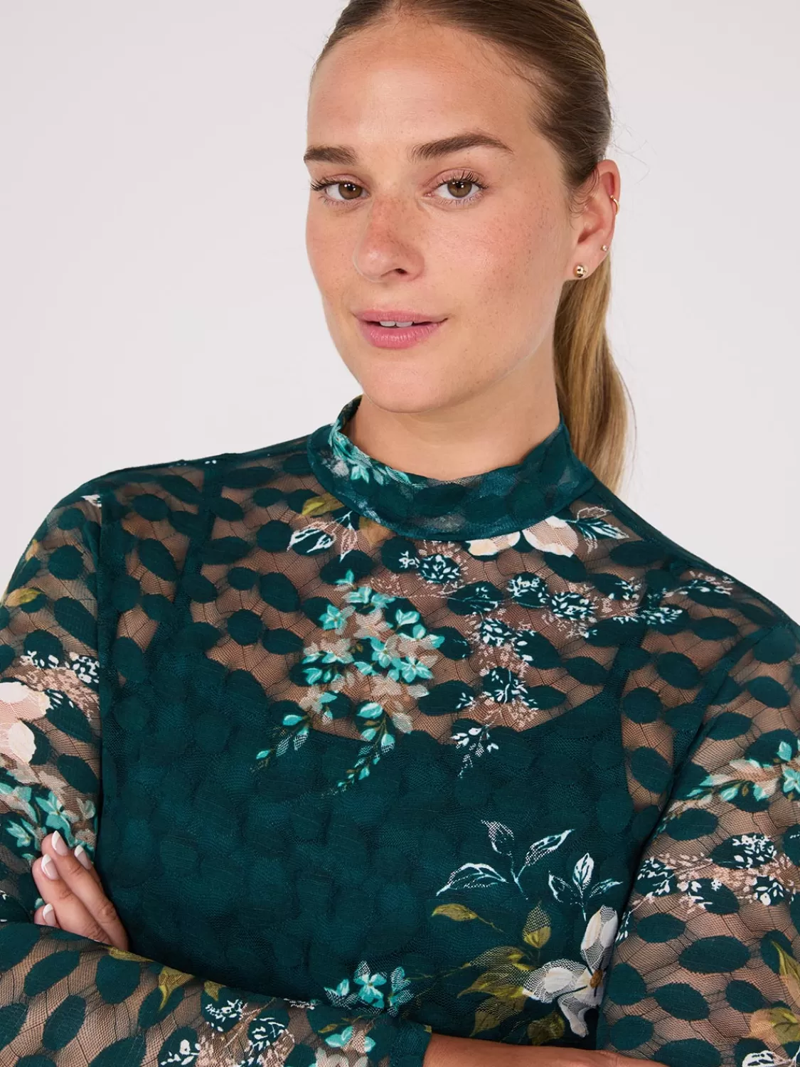 Suzy Shier Tops | Long Sleeve*Lace Floral Print Mock Neck Top
