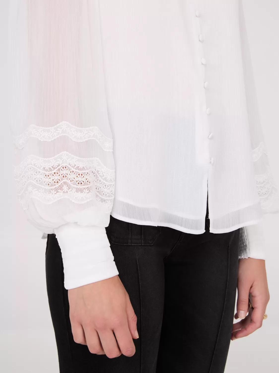 Suzy Shier Tops | Long Sleeve*Lace Sleeve Blouse With Mandarin Collar