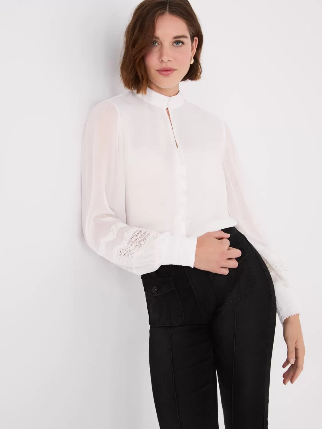 Suzy Shier Tops | Long Sleeve*Lace Sleeve Blouse With Mandarin Collar