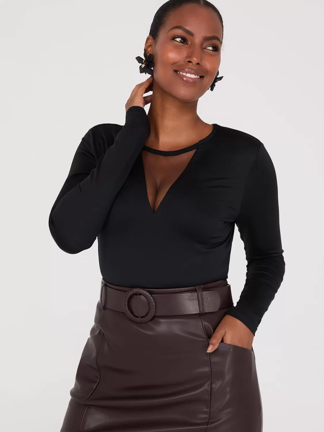 Suzy Shier Tops | Suzy Everyday*Mesh V-Neck Long Sleeve Top