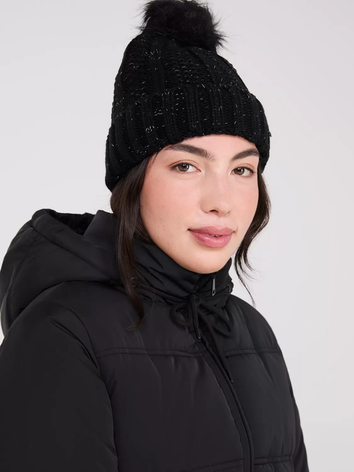 Suzy Shier Hats & Scarves & Gloves*Metallic Beanie With Faux Fur Pom Pom