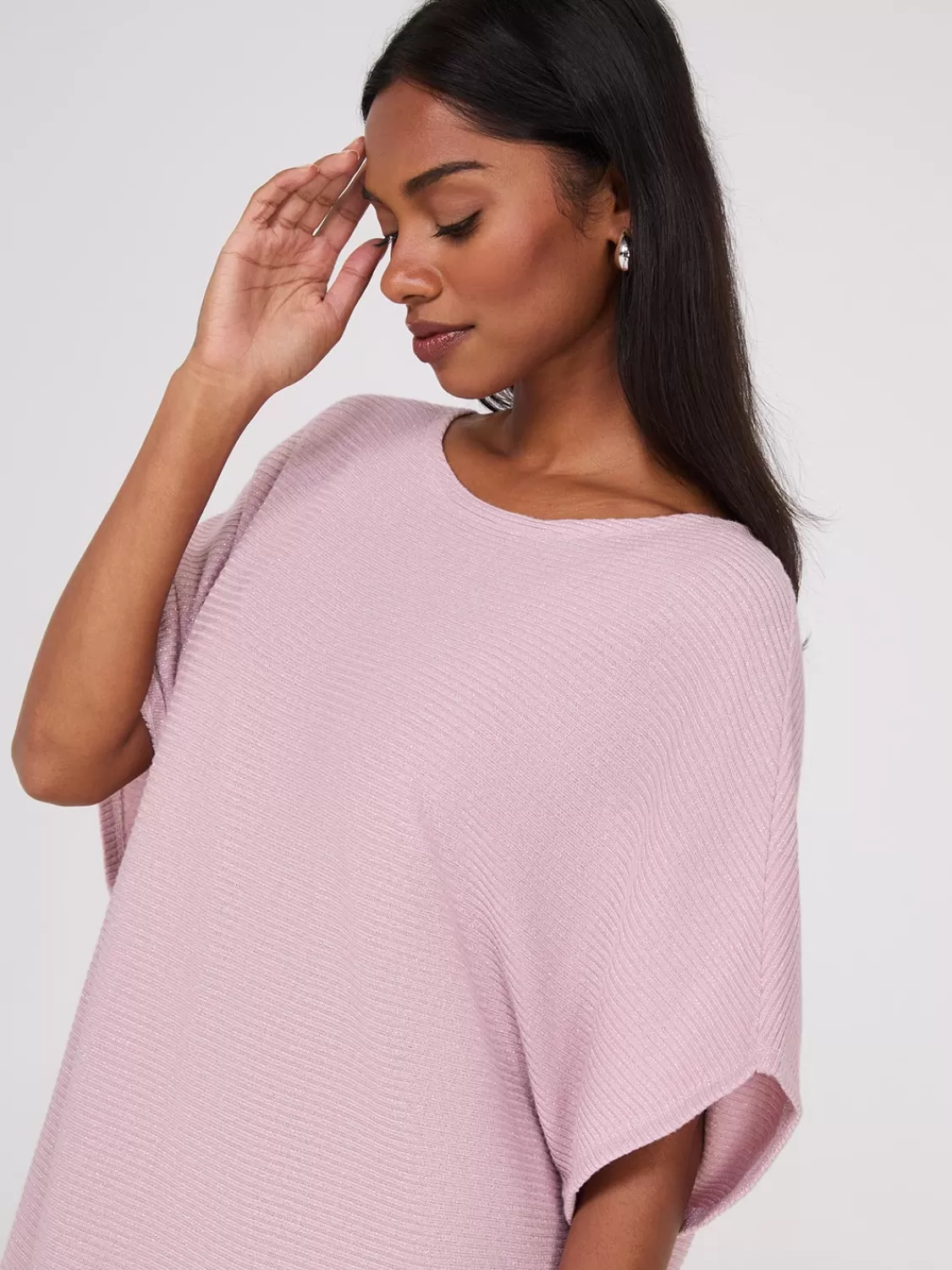 Suzy Shier Short Sleeve*Metallic Boat Neck Dolman Sleeve Top