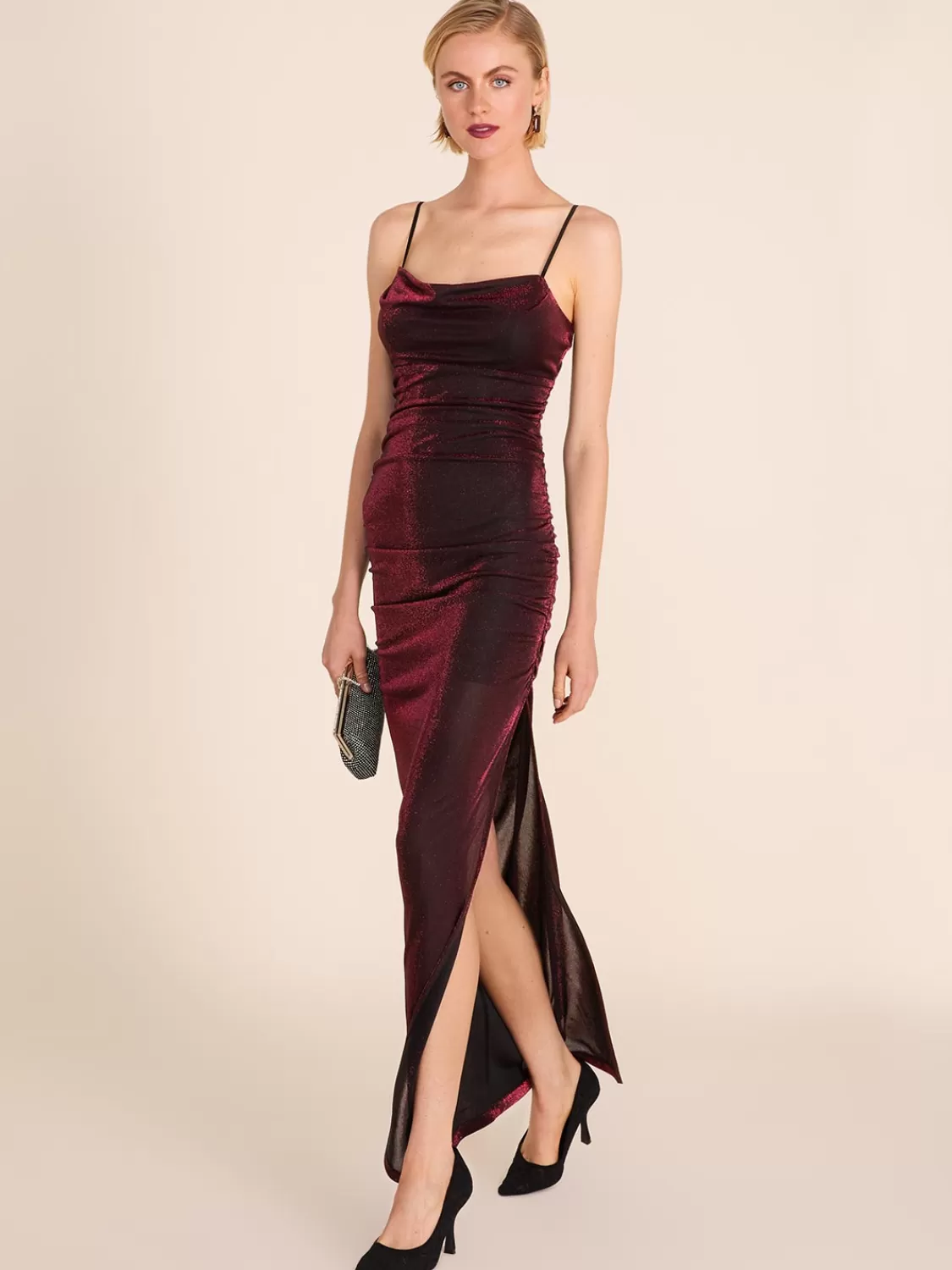 Suzy Shier Evening Gowns - Le Château*Metallic Cowl Neck Gown