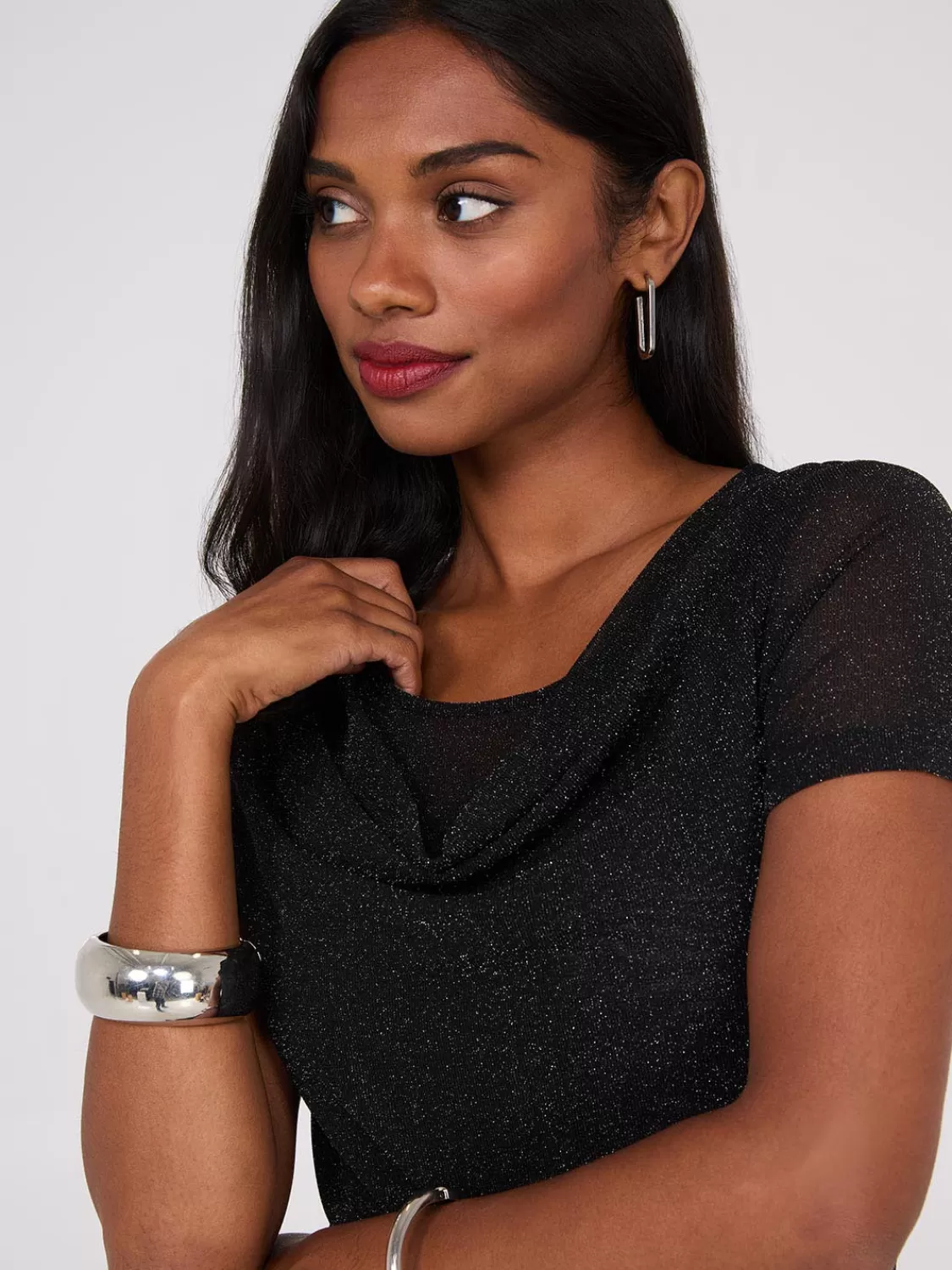 Suzy Shier Short Sleeve | Fashion Tops*Metallic Mesh Cowl Neck T-Shirt
