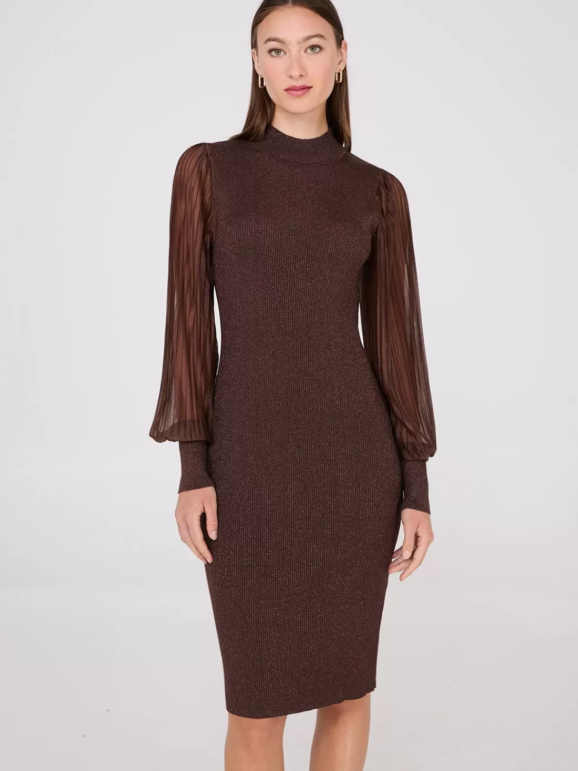 Suzy Shier Midi & Maxi | Party Dresses*Metallic Mock Neck Midi Dress With Plisse Sleeves