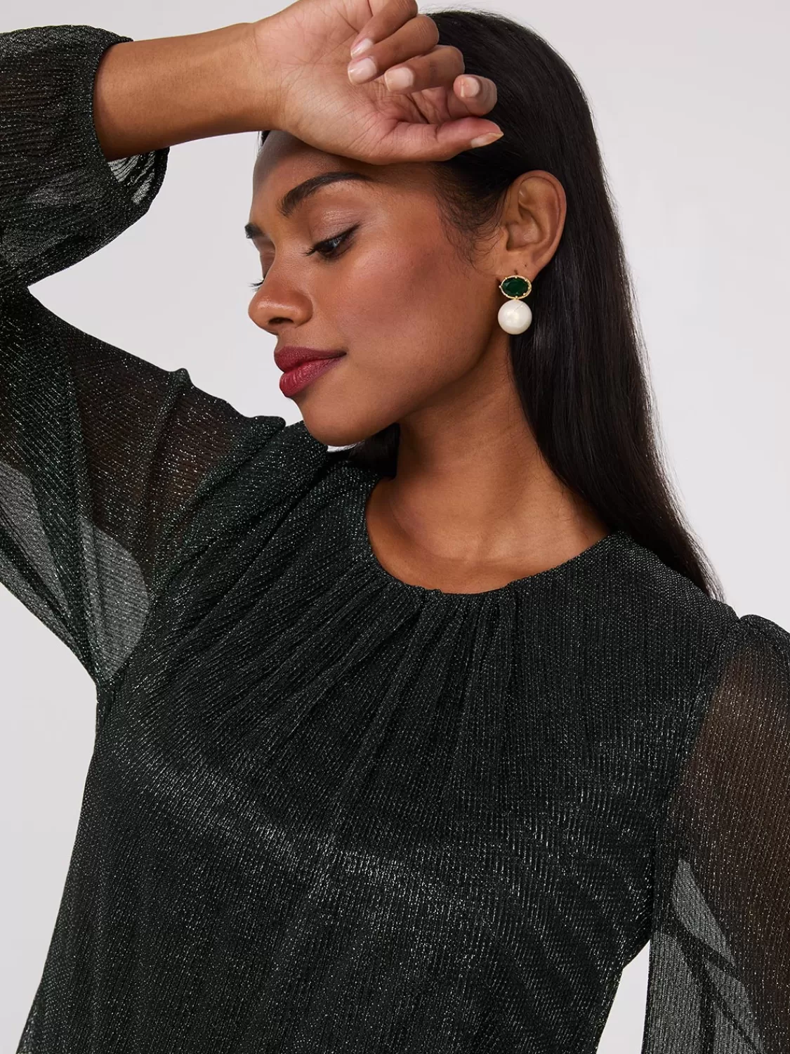 Suzy Shier Long Sleeve | Fashion Tops*Metallic Plisse Mesh Top