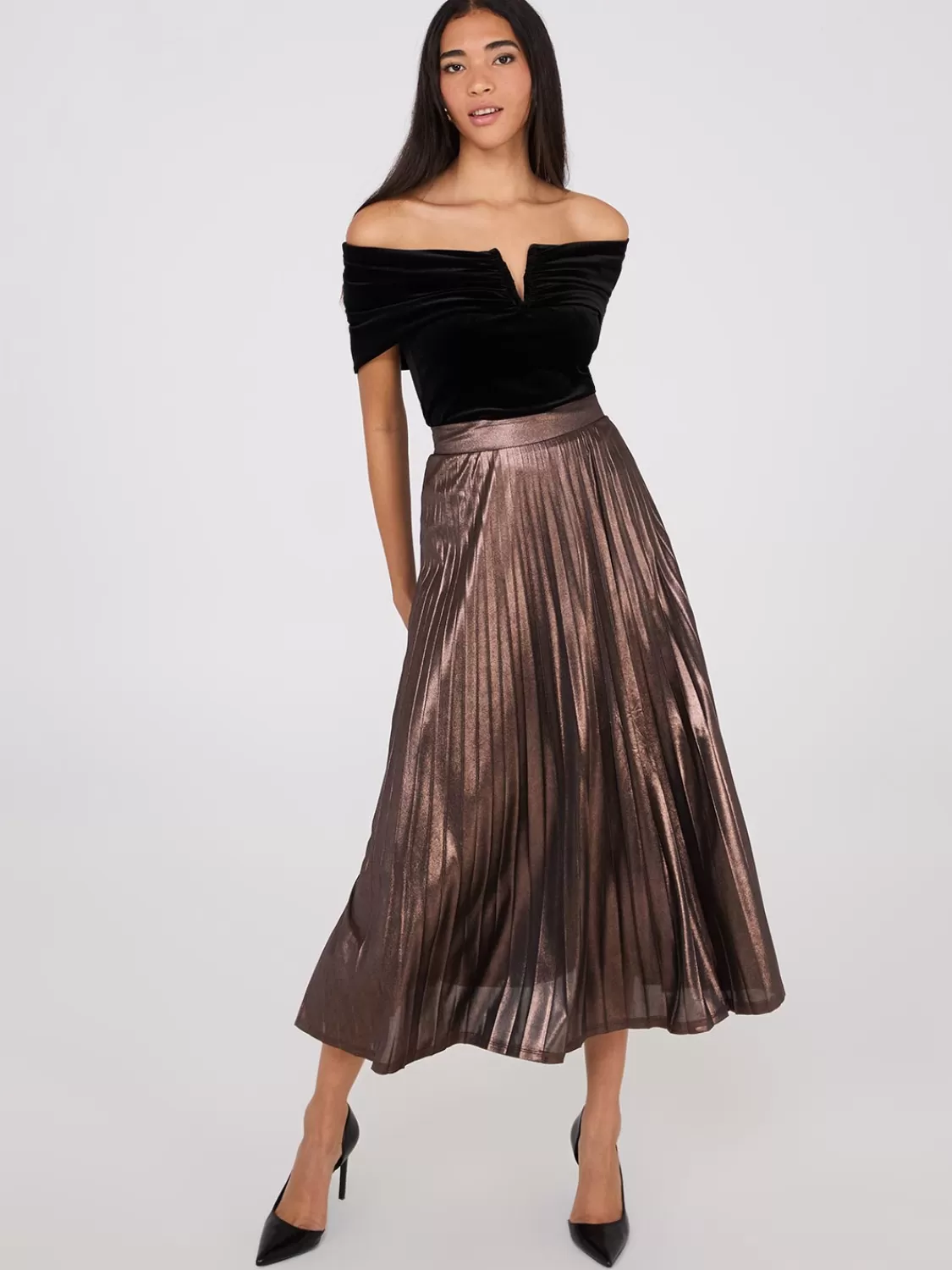 Suzy Shier Skirts*Midi Foil Pleated Skirt