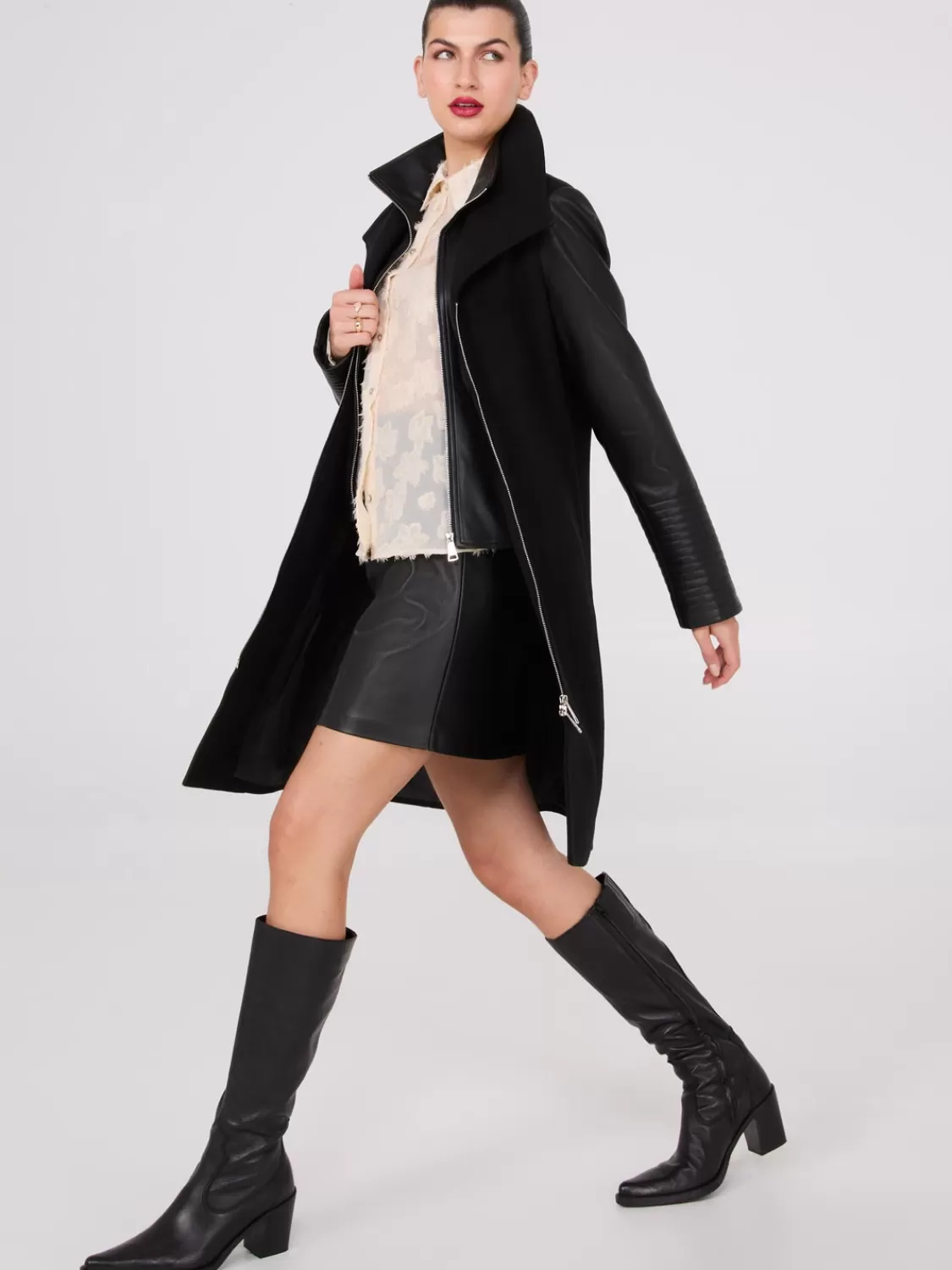 Suzy Shier Coats | Coats*Mid-Length Coat With Faux Leather Details