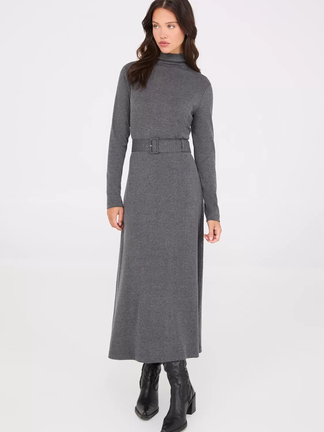 Suzy Shier Casual Dresses | Midi & Maxi*Mock Neck Belted Melange Midi Dress