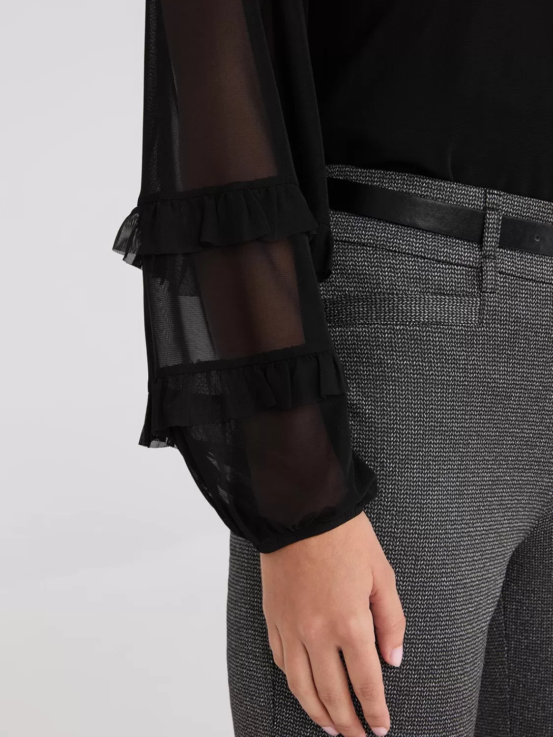 Suzy Shier Tops | Long Sleeve*Mock Neck Mesh Top With Ruffle Details