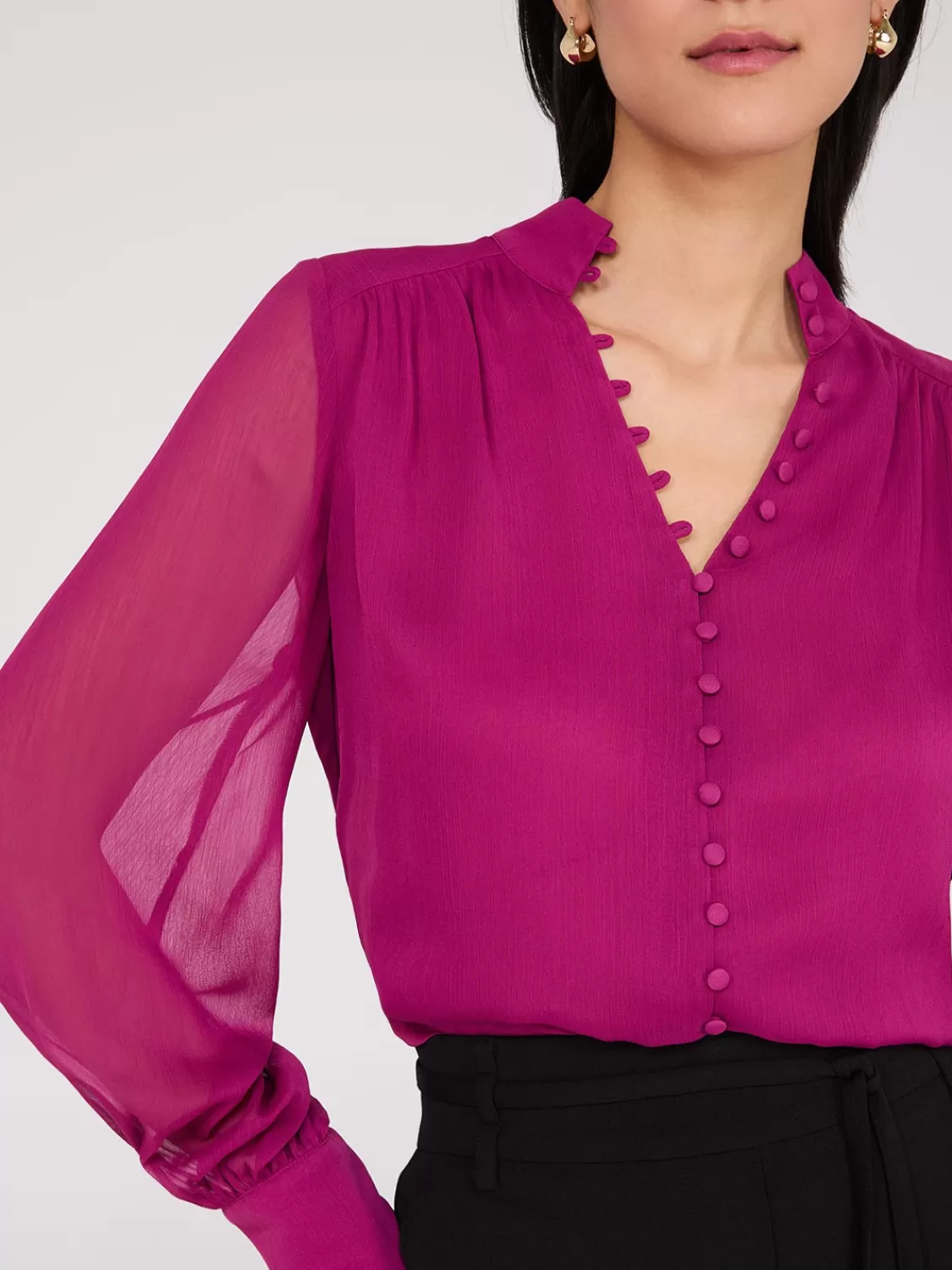 Suzy Shier Tops | Long Sleeve*Nehru Collar Button-Front Chiffon Blouse