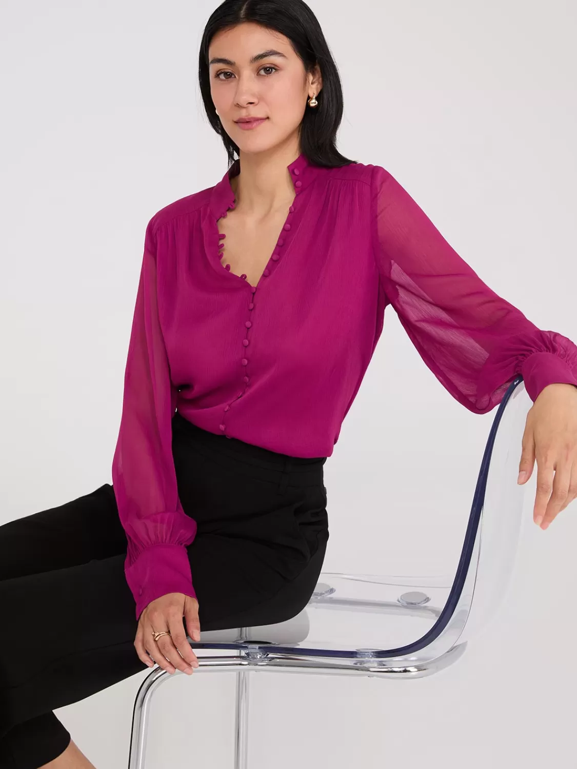 Suzy Shier Tops | Long Sleeve*Nehru Collar Button-Front Chiffon Blouse