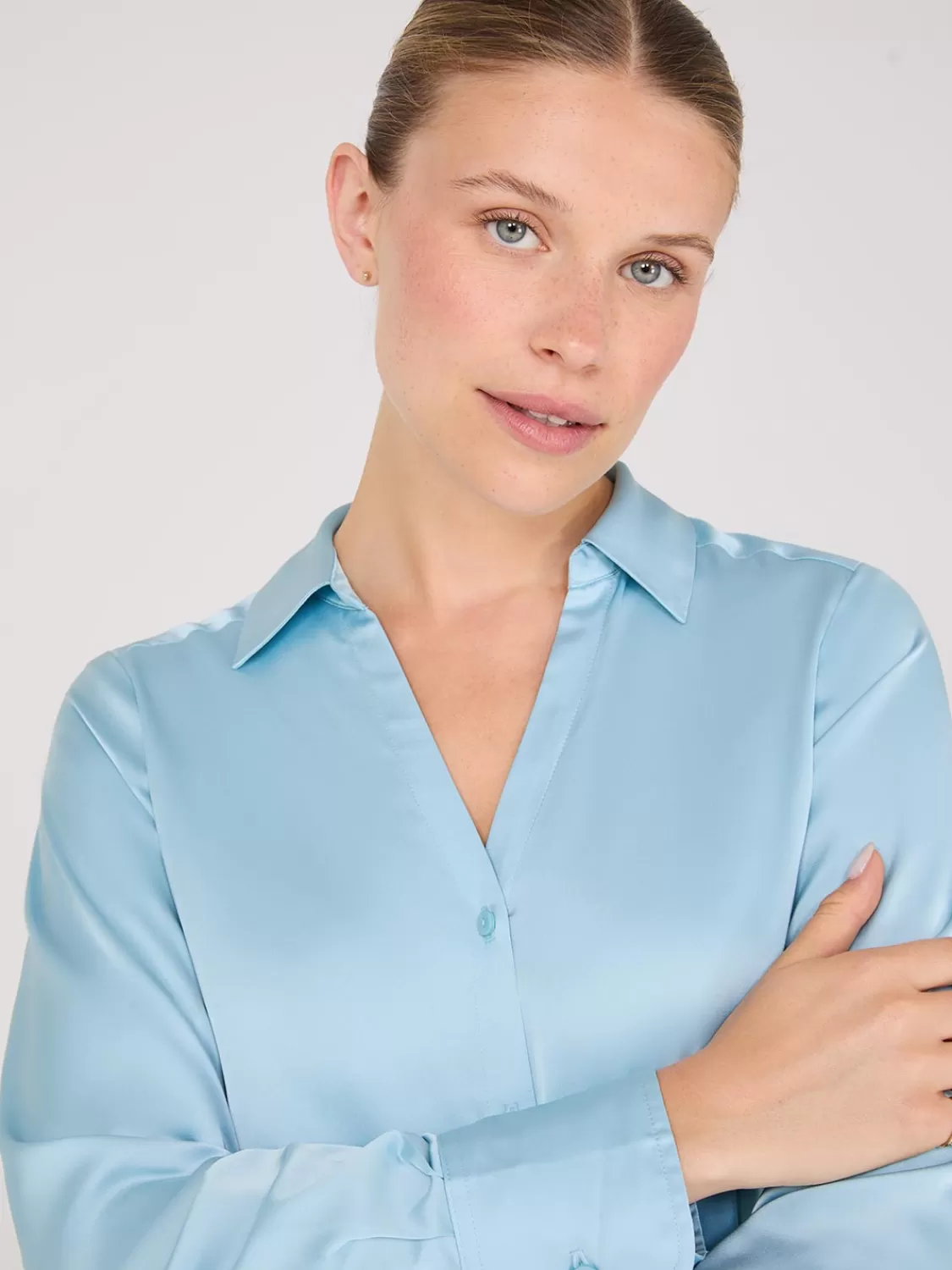 Suzy Shier Tops | Long Sleeve*Notch Collar Button-Front Satin Blouse
