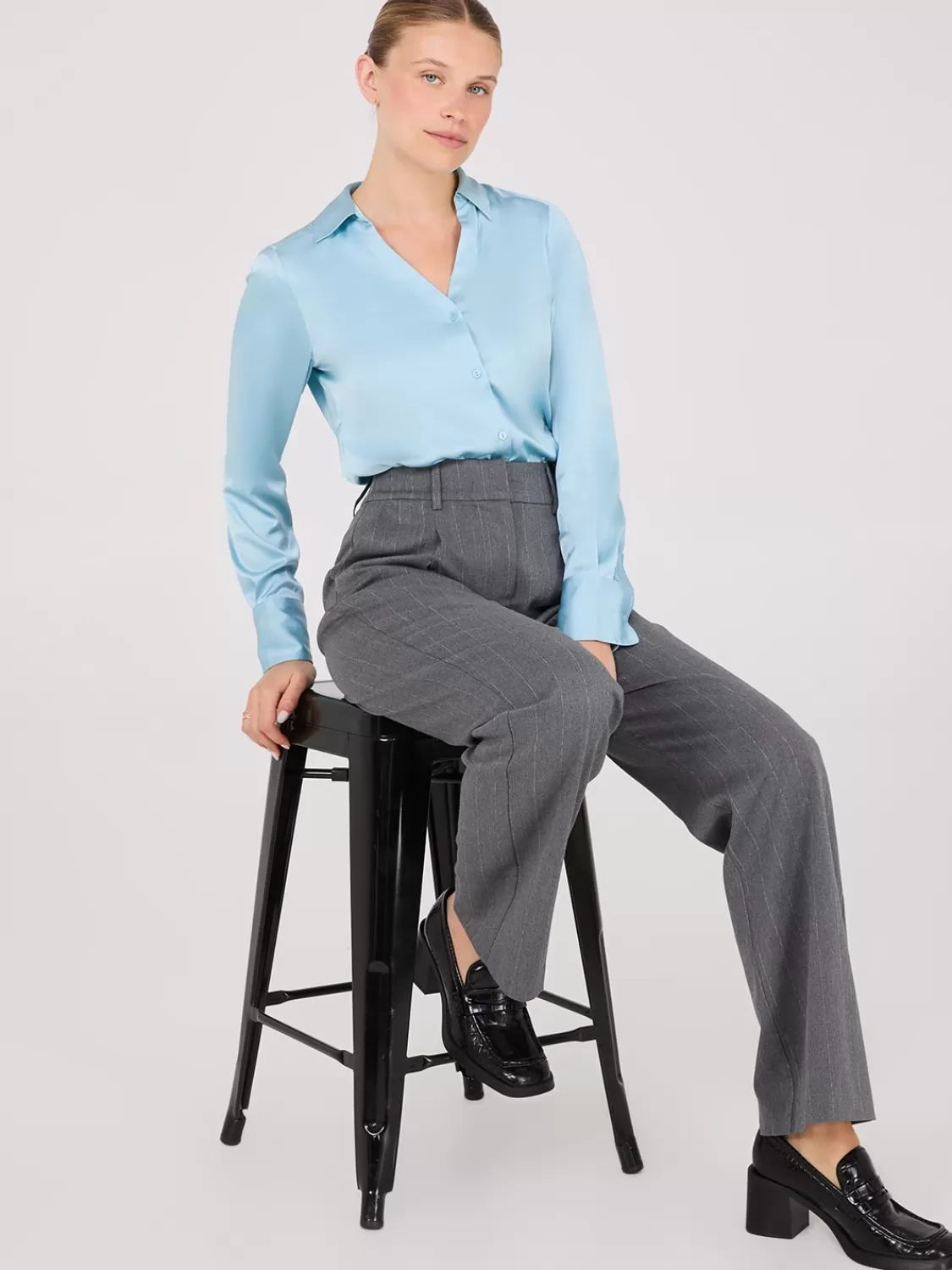 Suzy Shier Tops | Long Sleeve*Notch Collar Button-Front Satin Blouse