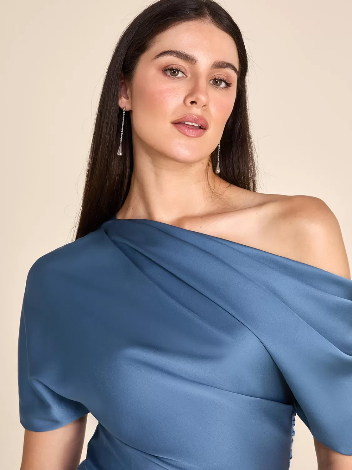 Suzy Shier Evening Gowns - Le Château*One-Shoulder Satin Gown With Pleated Detail