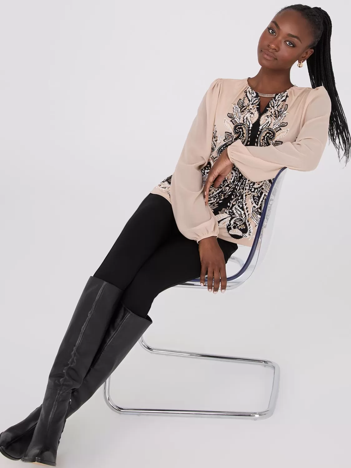 Suzy Shier Tops | Long Sleeve*Paisley Print Chiffon Top With Metal Bar