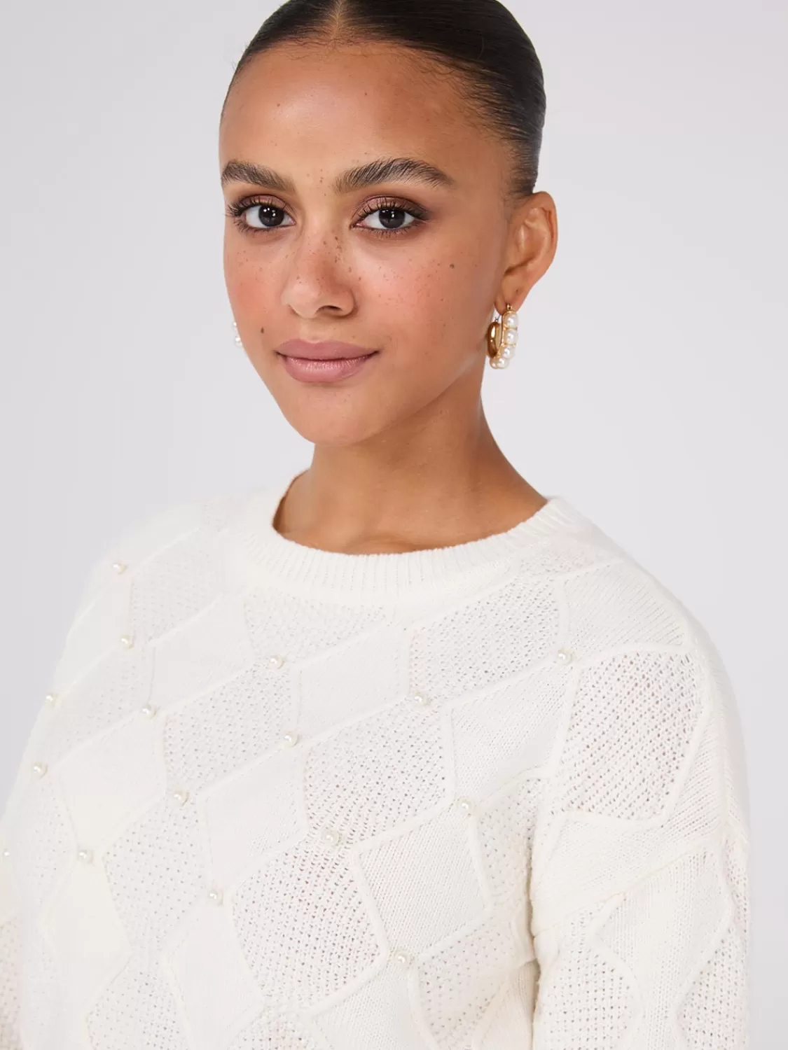 Suzy Shier Long Sleeve | Sweaters & Cardigans*Pearl Embellished Diamond Cable Sweater