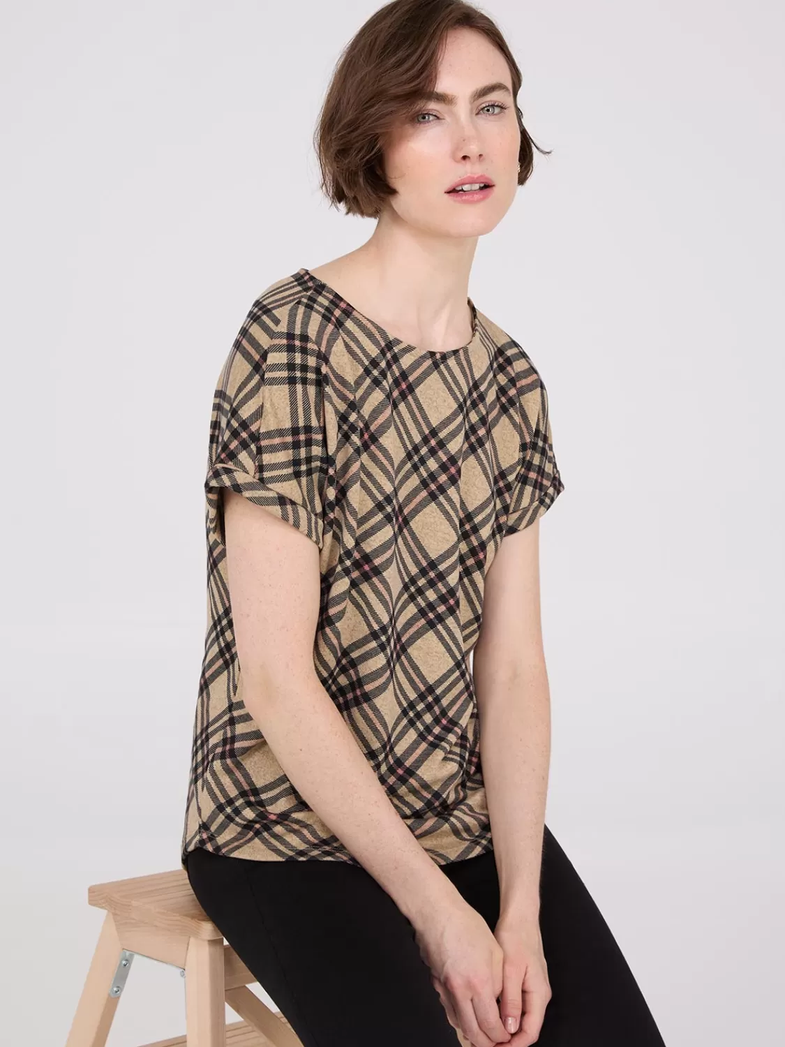 Suzy Shier Short Sleeve | Tank Tops & T-Shirts*Plaid Cuffed Dolman Sleeve T-Shirt