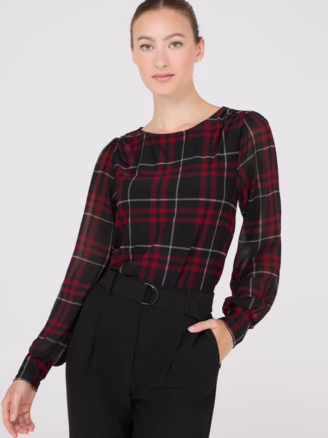 Suzy Shier Tops | Long Sleeve*Plaid Long Chiffon Sleeve Boat Neck Top