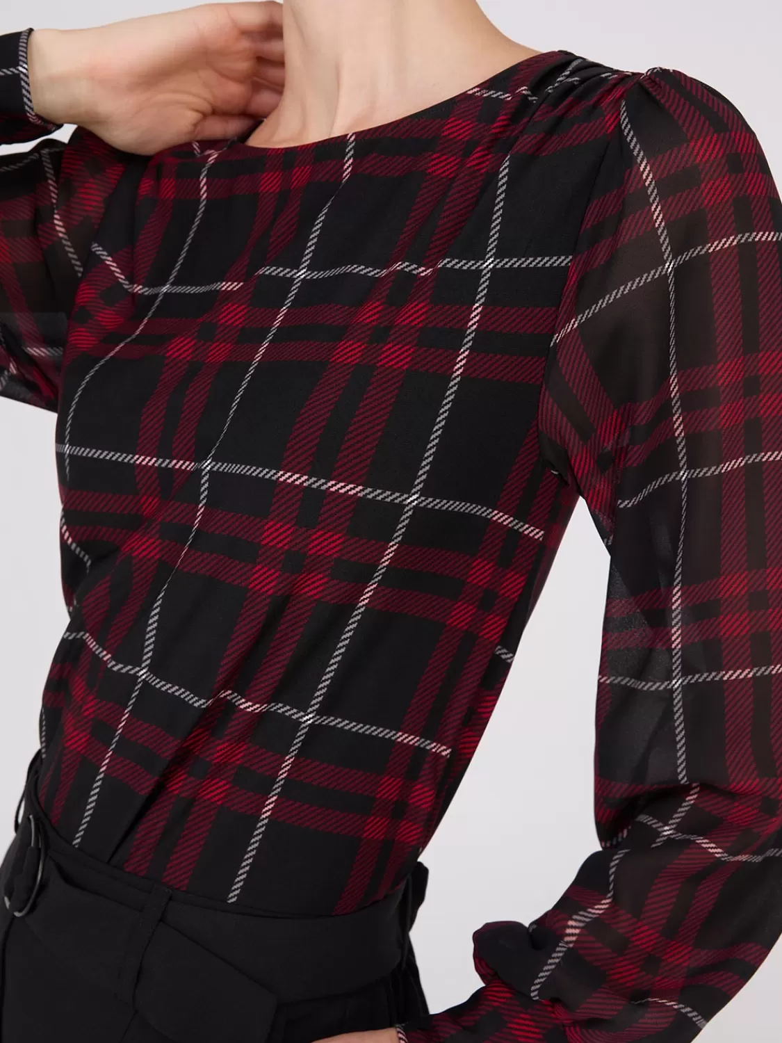 Suzy Shier Tops | Long Sleeve*Plaid Long Chiffon Sleeve Boat Neck Top