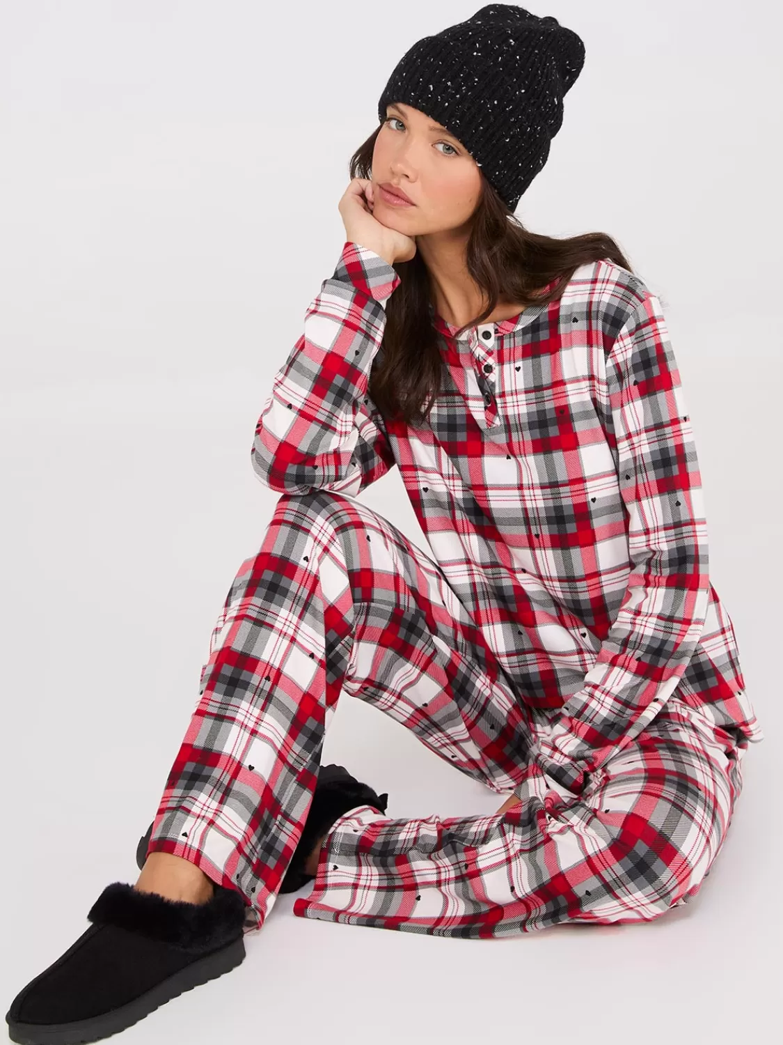 Suzy Shier Lounge & Pjs*Plaid Print Henley Pajama Set