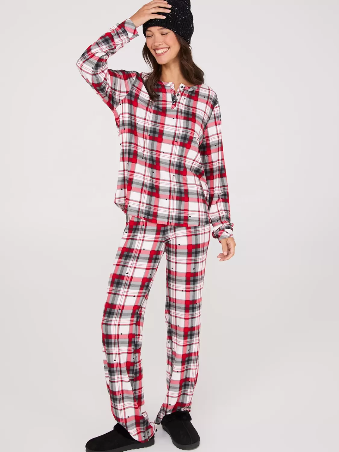 Suzy Shier Lounge & Pjs*Plaid Print Henley Pajama Set