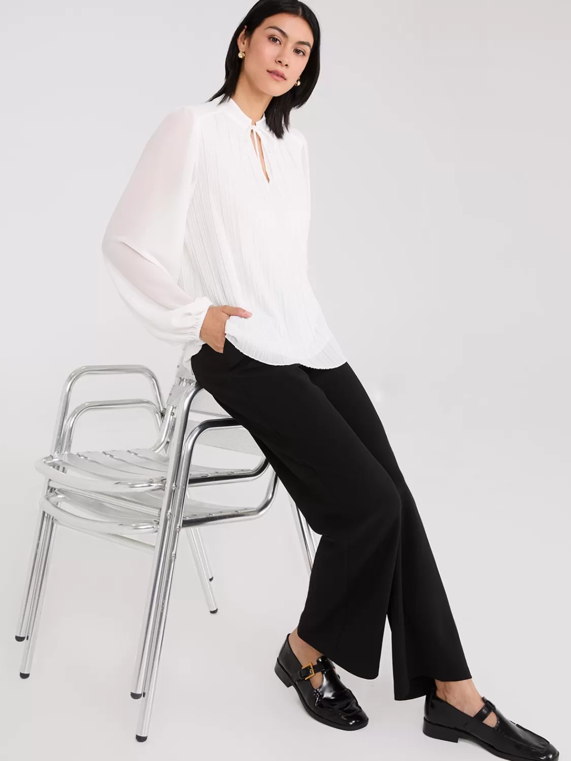 Suzy Shier Tops | Long Sleeve*Pleated Chiffon Split Neck Blouse