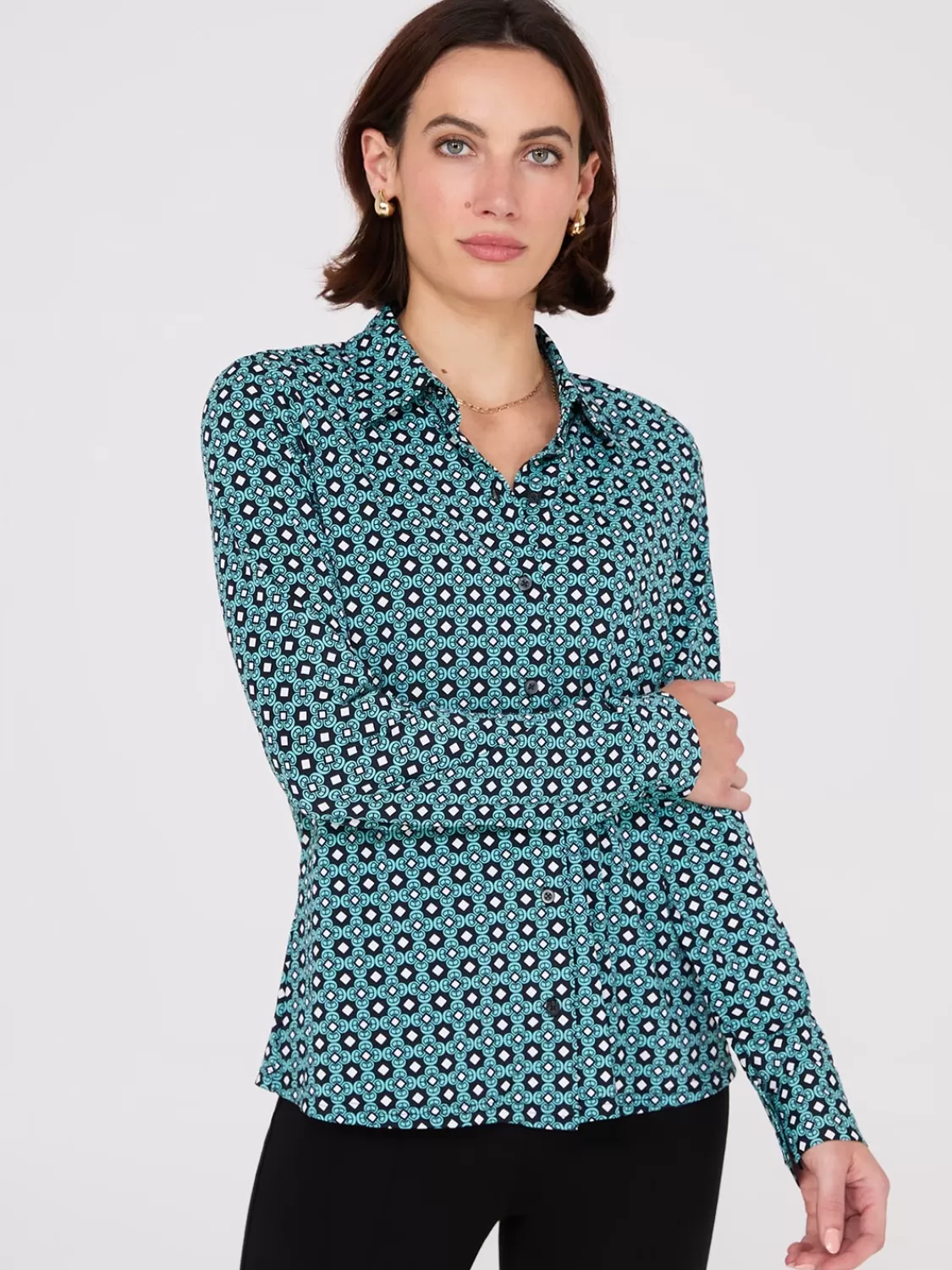 Suzy Shier Tops | Long Sleeve*Printed Button-Front Classic Blouse