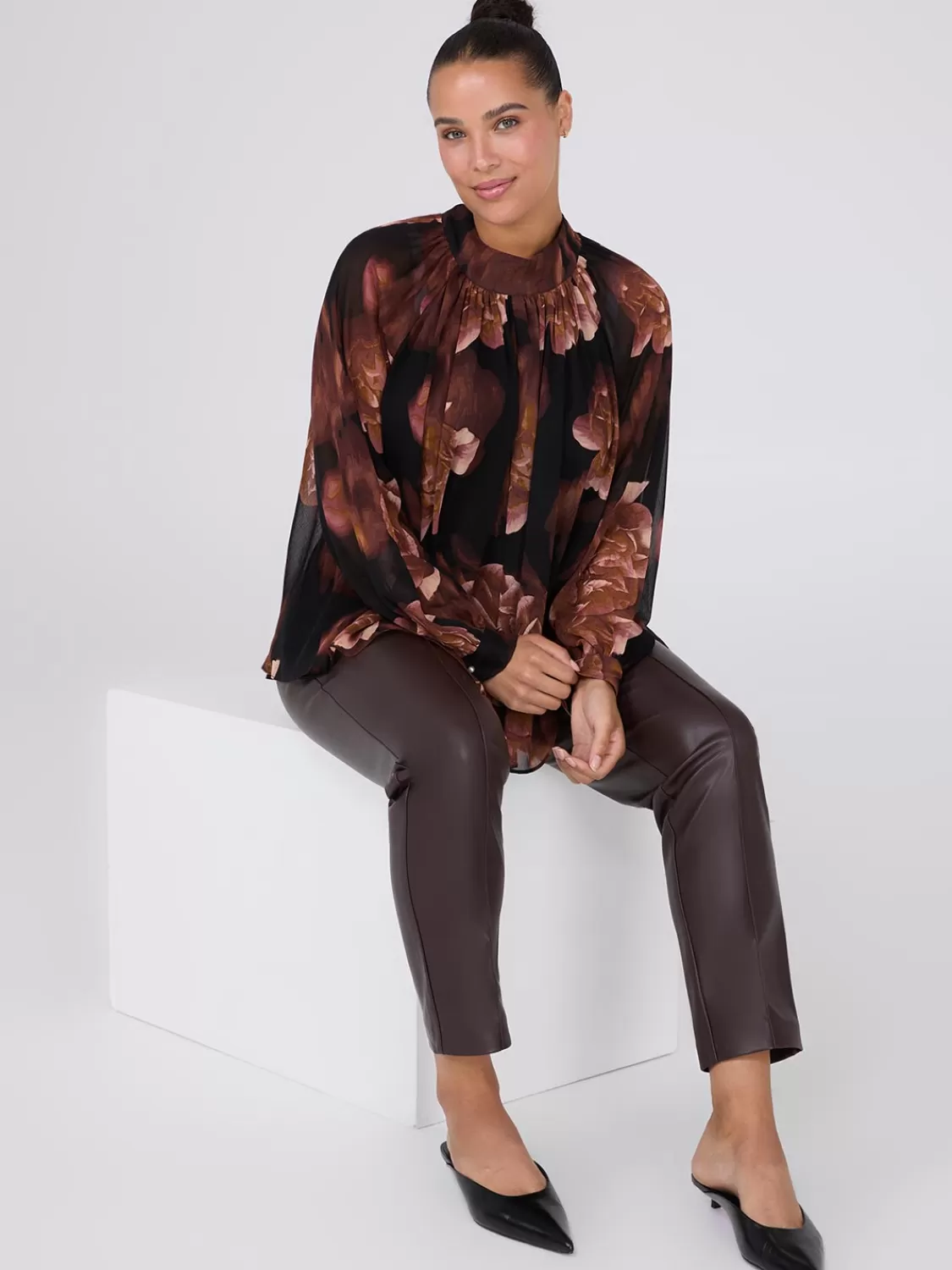 Suzy Shier Tops | Long Sleeve*Printed Chiffon High Neck Blouse