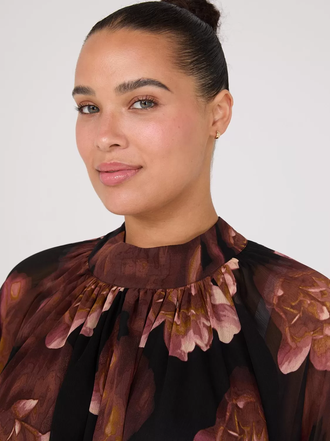 Suzy Shier Tops | Long Sleeve*Printed Chiffon High Neck Blouse