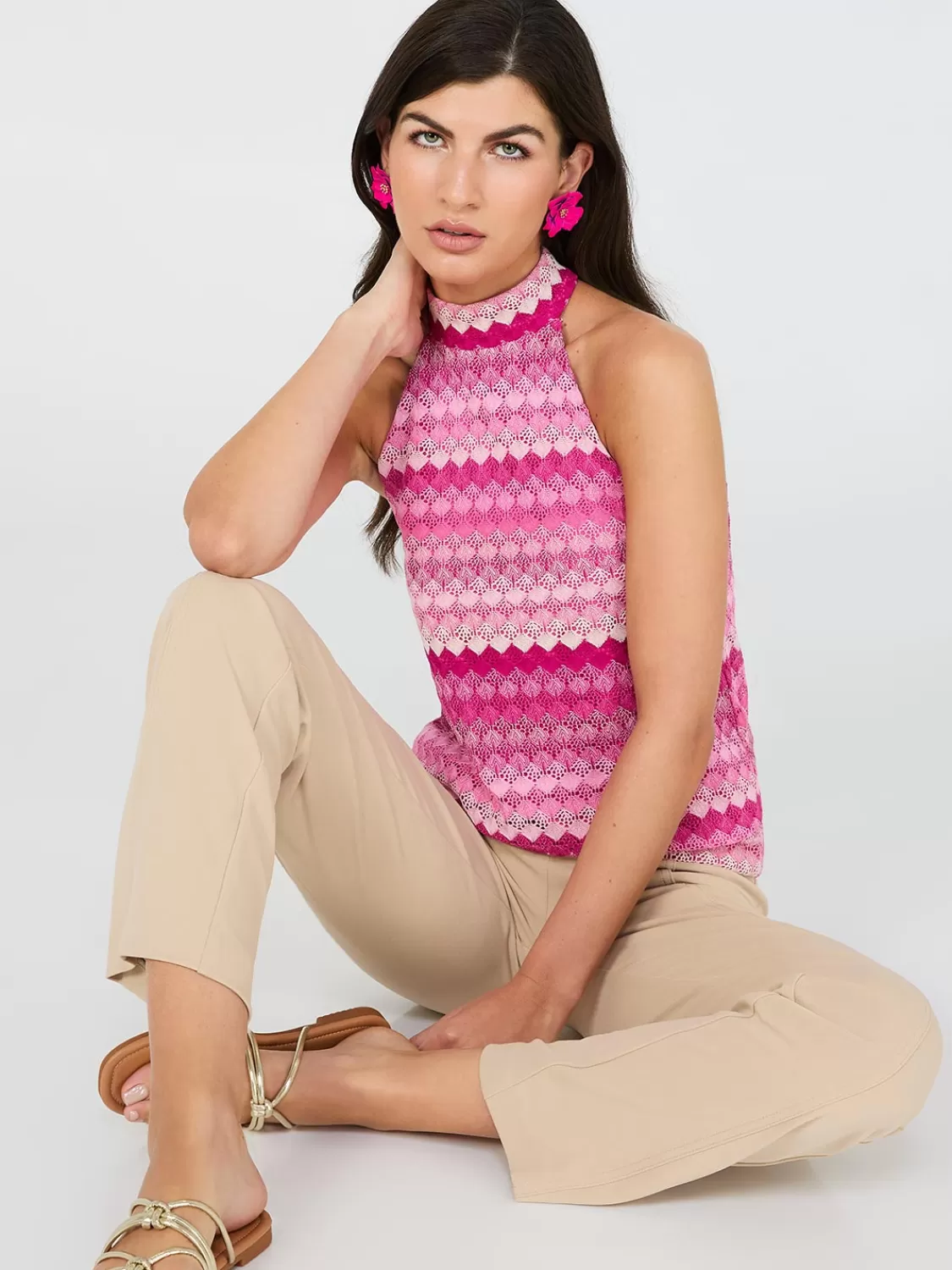 Suzy Shier Tops | Sleeveless*Printed Crochet Halter Neck Top