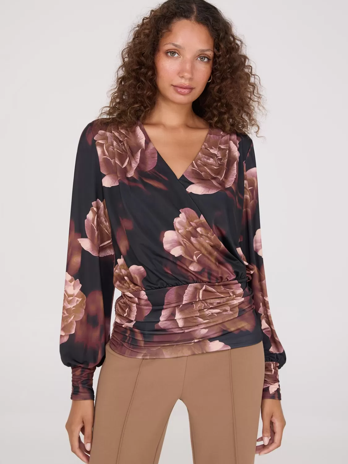 Suzy Shier Tops | Long Sleeve*Printed Crossover Top With Ruched Details