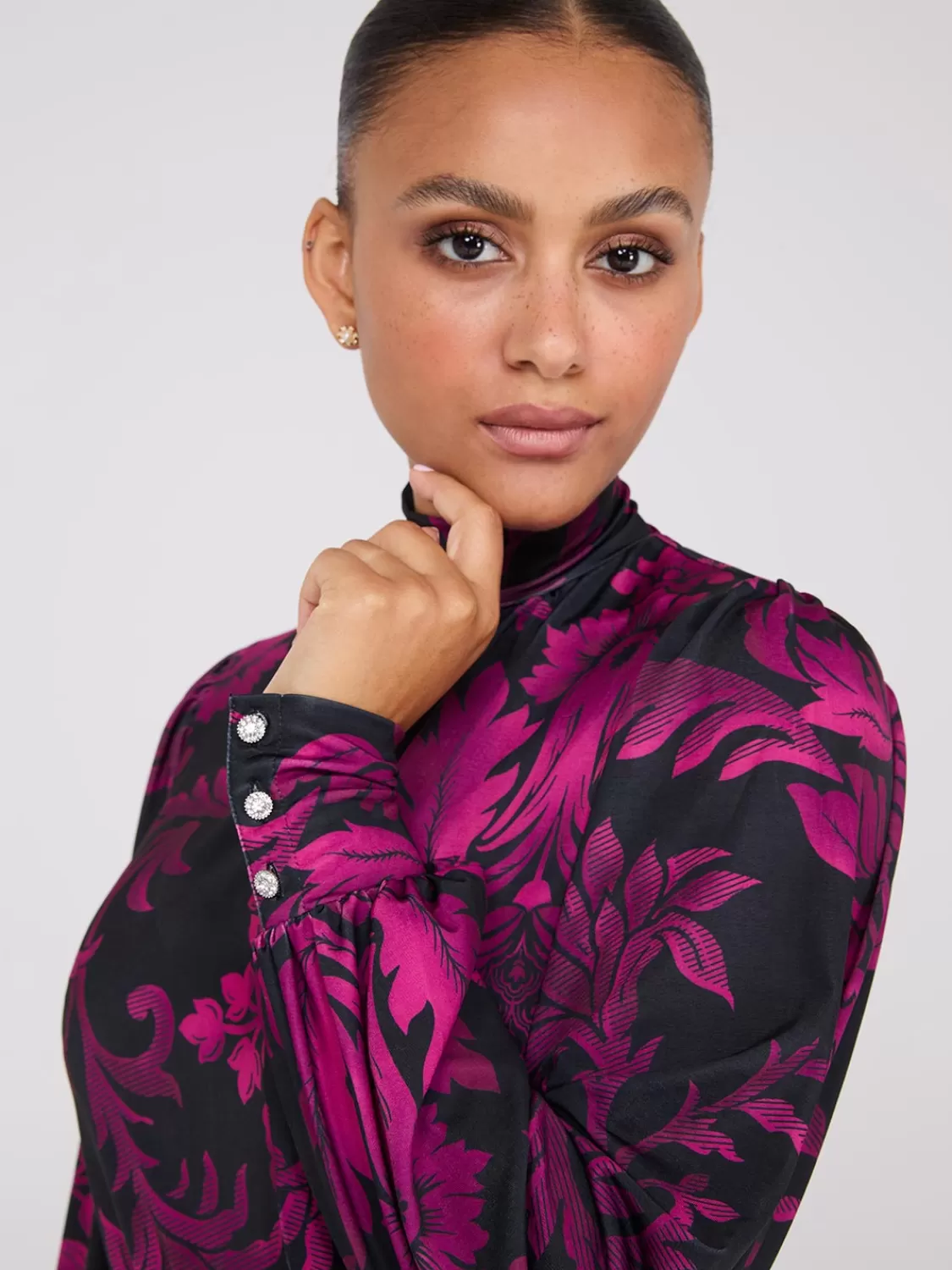 Suzy Shier Tops | Long Sleeve*Printed Long Balloon Sleeve Mock Neck Blouse