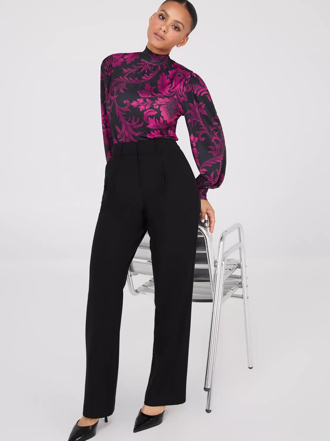Suzy Shier Tops | Long Sleeve*Printed Long Balloon Sleeve Mock Neck Blouse