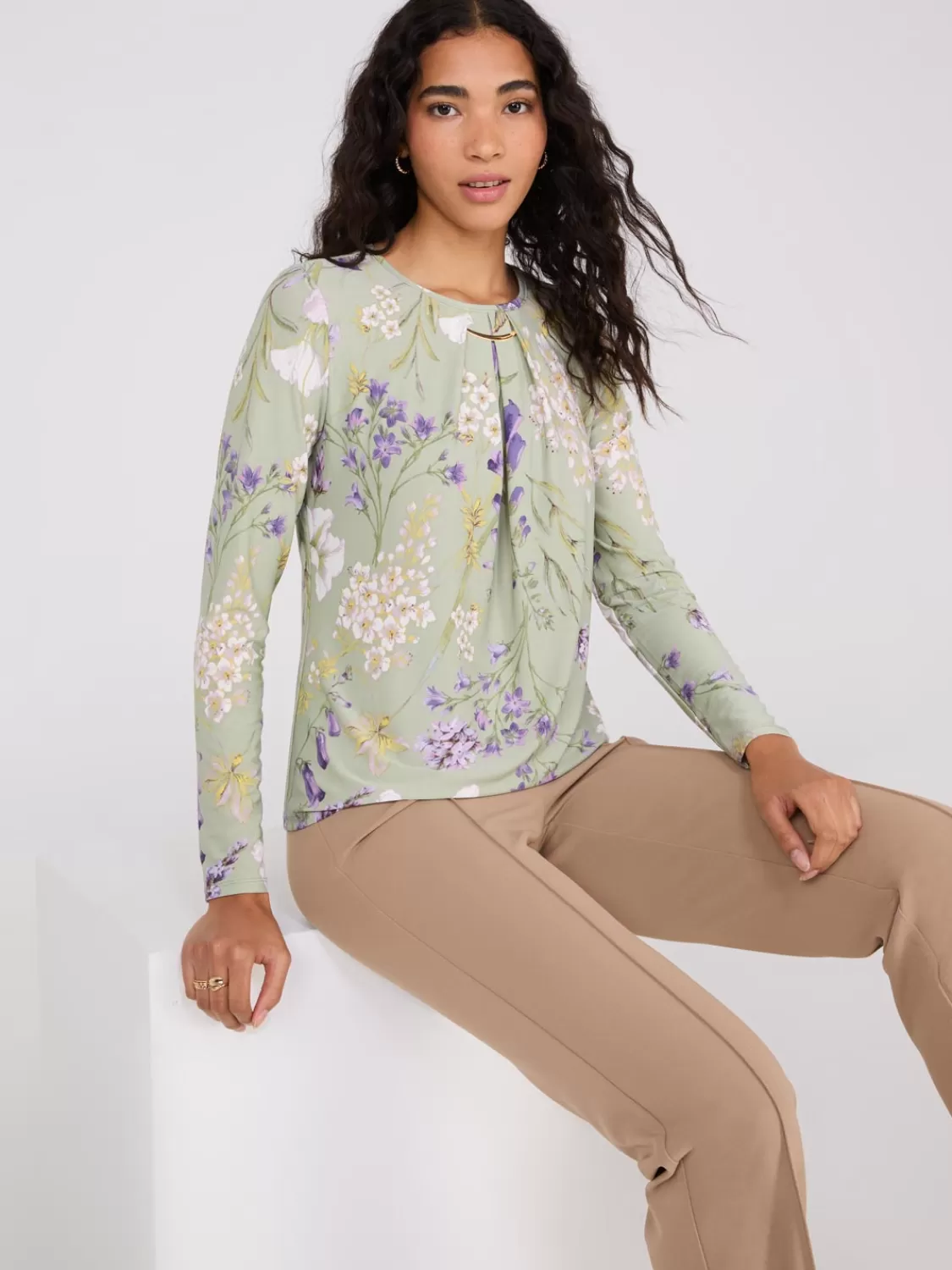 Suzy Shier Tops | Long Sleeve*Printed Long Sleeve Top With Metal Detail