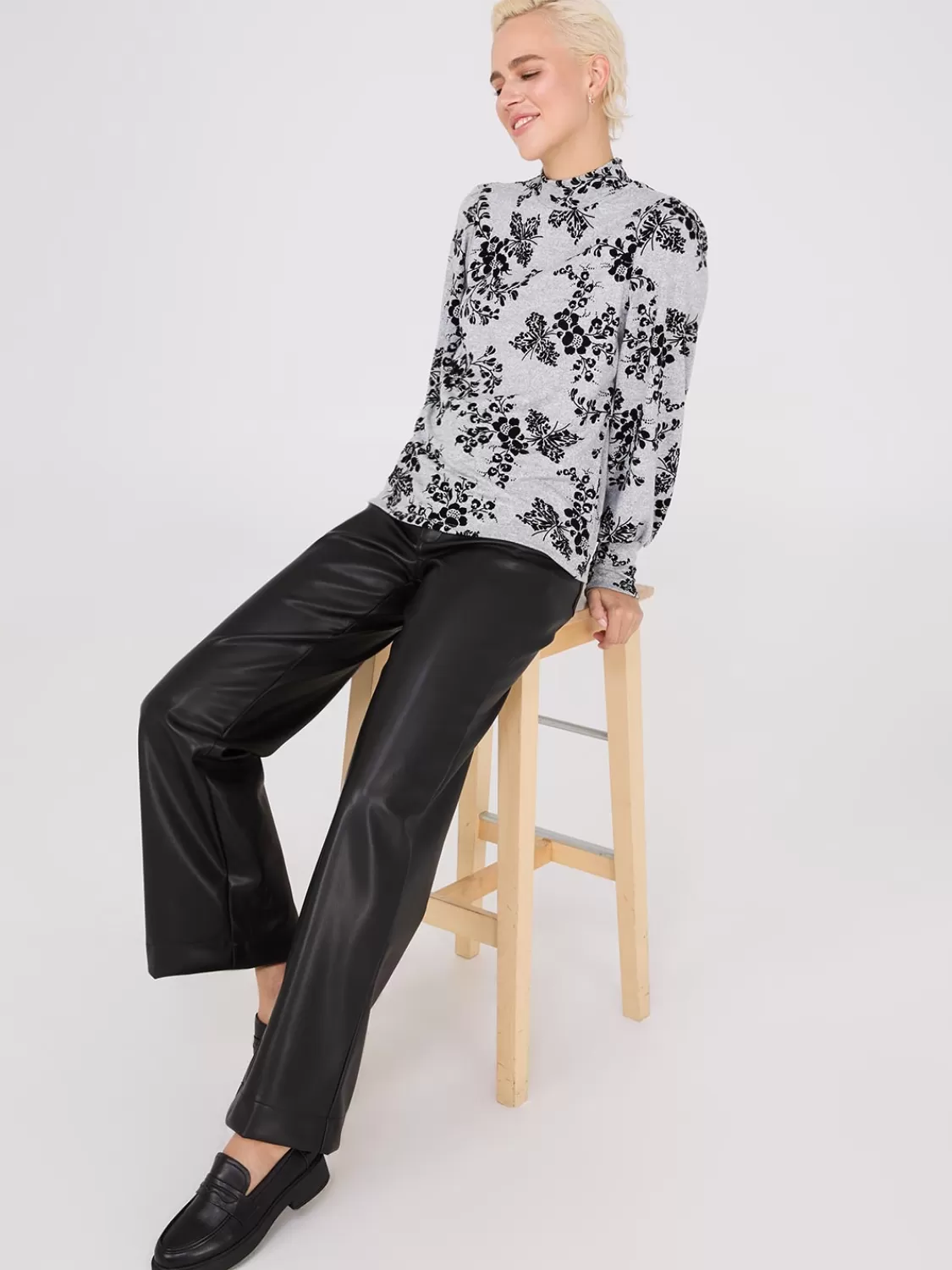 Suzy Shier Long Sleeve*Printed Melange Mock Neck Top