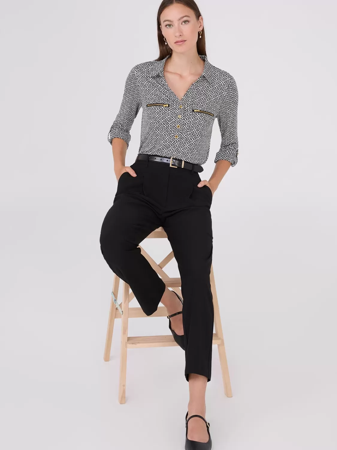 Suzy Shier Tops | Long Sleeve*Printed Roll-Up Sleeve Blouse