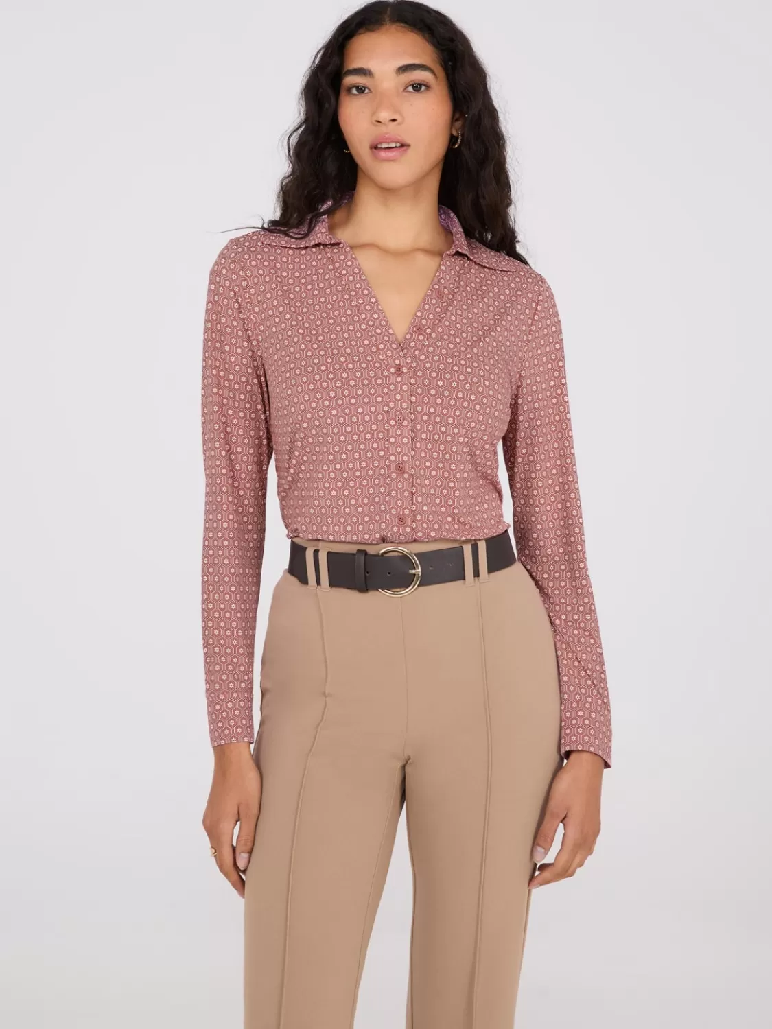 Suzy Shier Tops | Long Sleeve*Printed Split Neck Button-Down Blouse