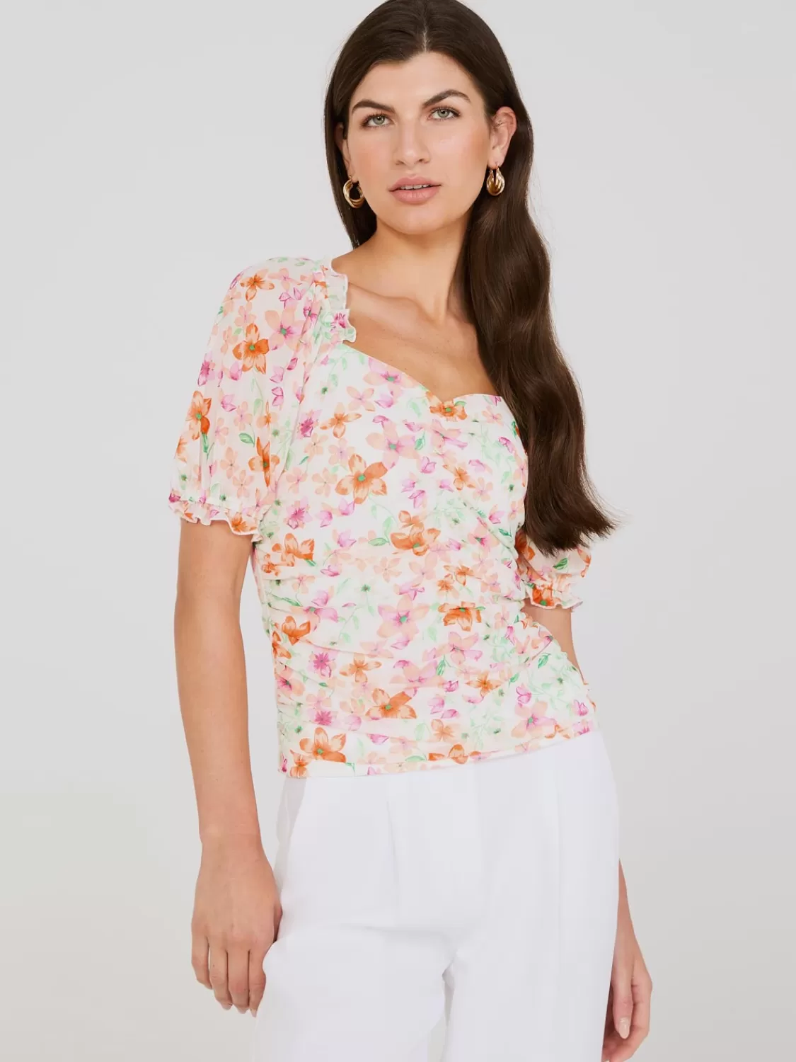 Suzy Shier Tops | Short Sleeve*Printed Sweetheart Neckline Top With Puff Sleeves