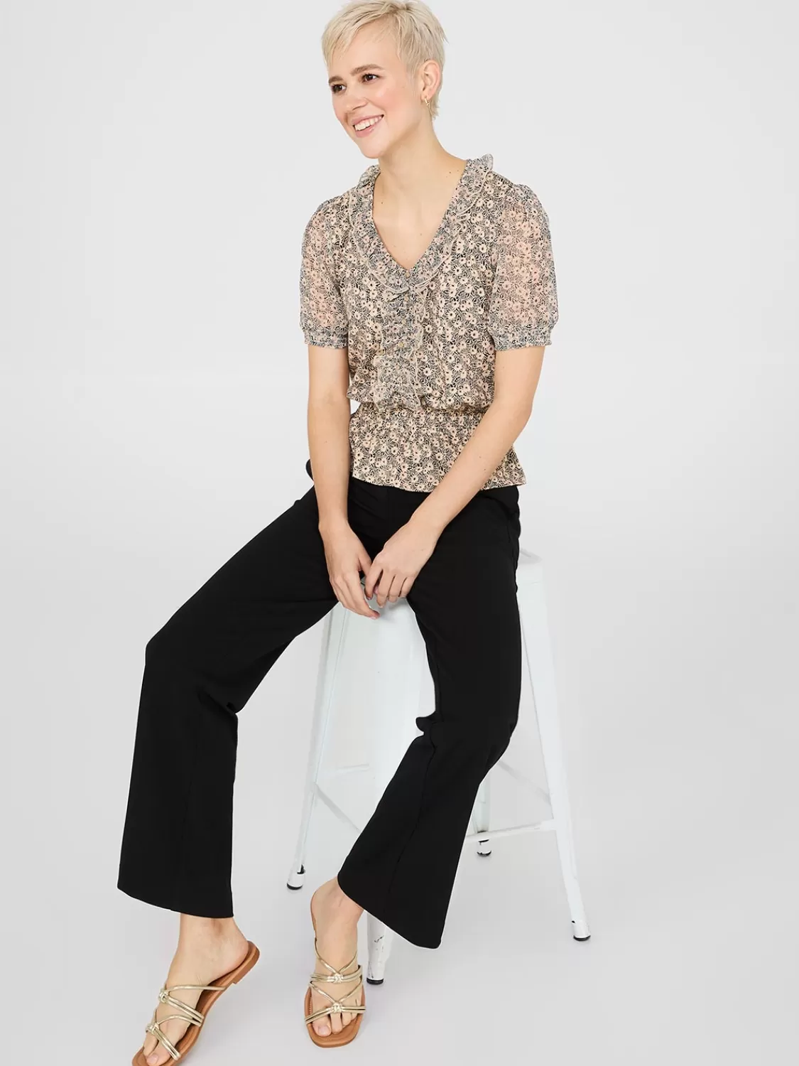 Suzy Shier Tops | Short Sleeve*Printed Textured V-Neck Top With Smocked Bottom Band