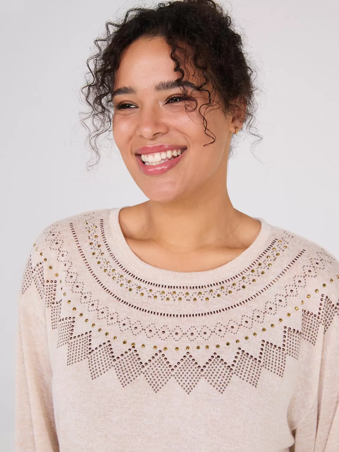 Suzy Shier Long Sleeve*Rhinestone Fair Isle Long Sleeve Top