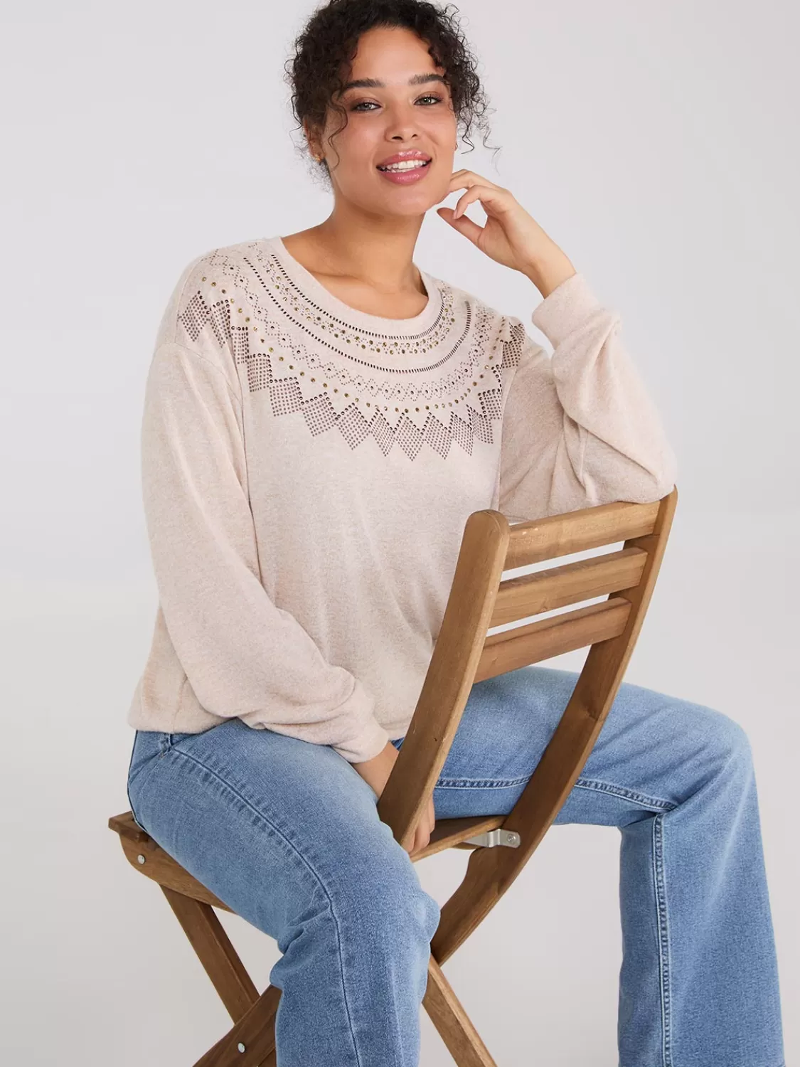 Suzy Shier Long Sleeve*Rhinestone Fair Isle Long Sleeve Top