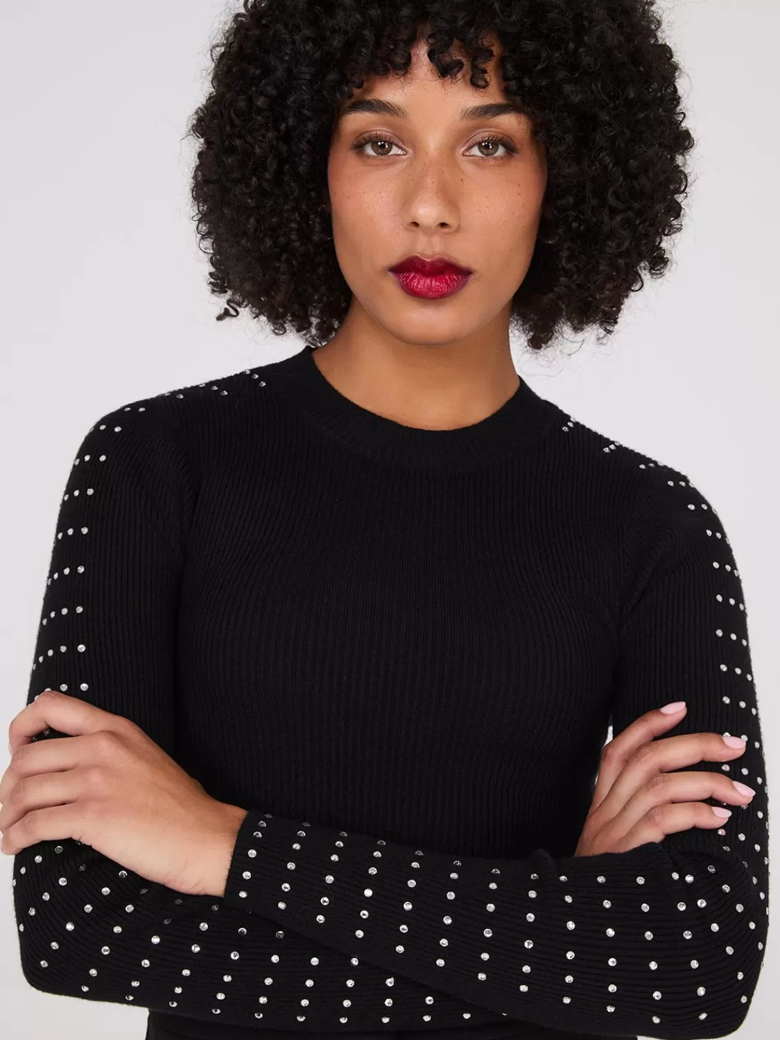 Suzy Shier Long Sleeve | Fashion Tops*Rhinestone Stud Crew Neck Sweater