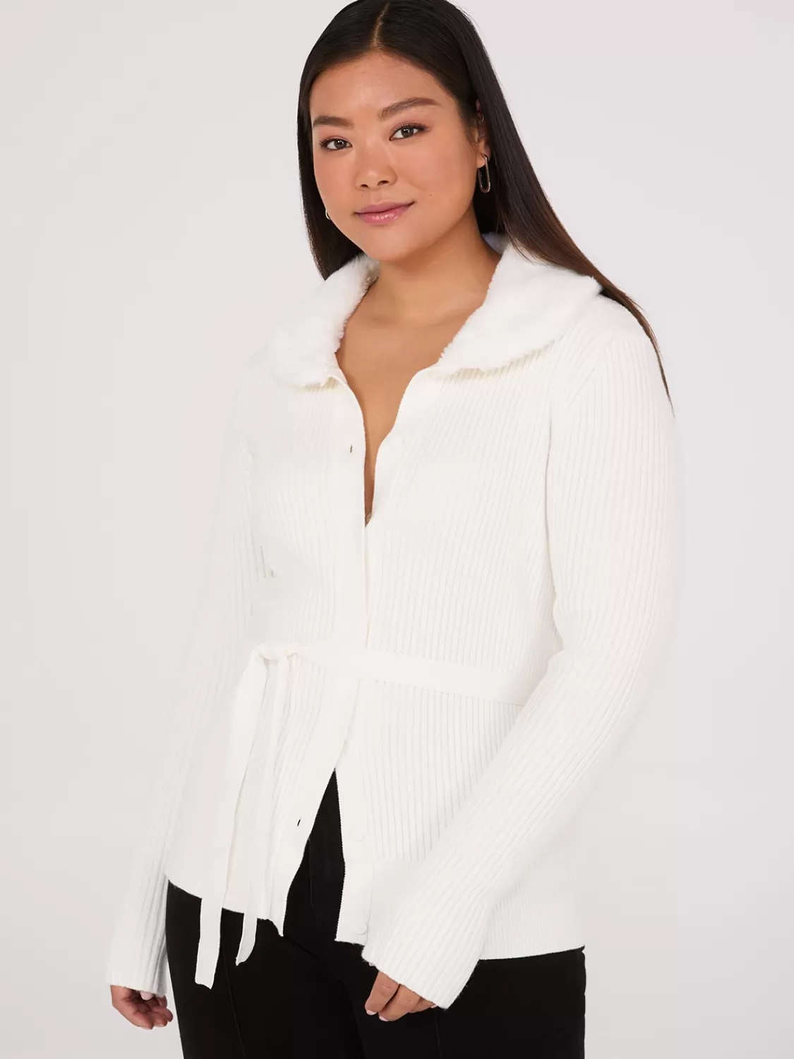 Suzy Shier Long Sleeve | Sweaters & Cardigans*Ribbed Cardigan With Removable Faux Fur Collar
