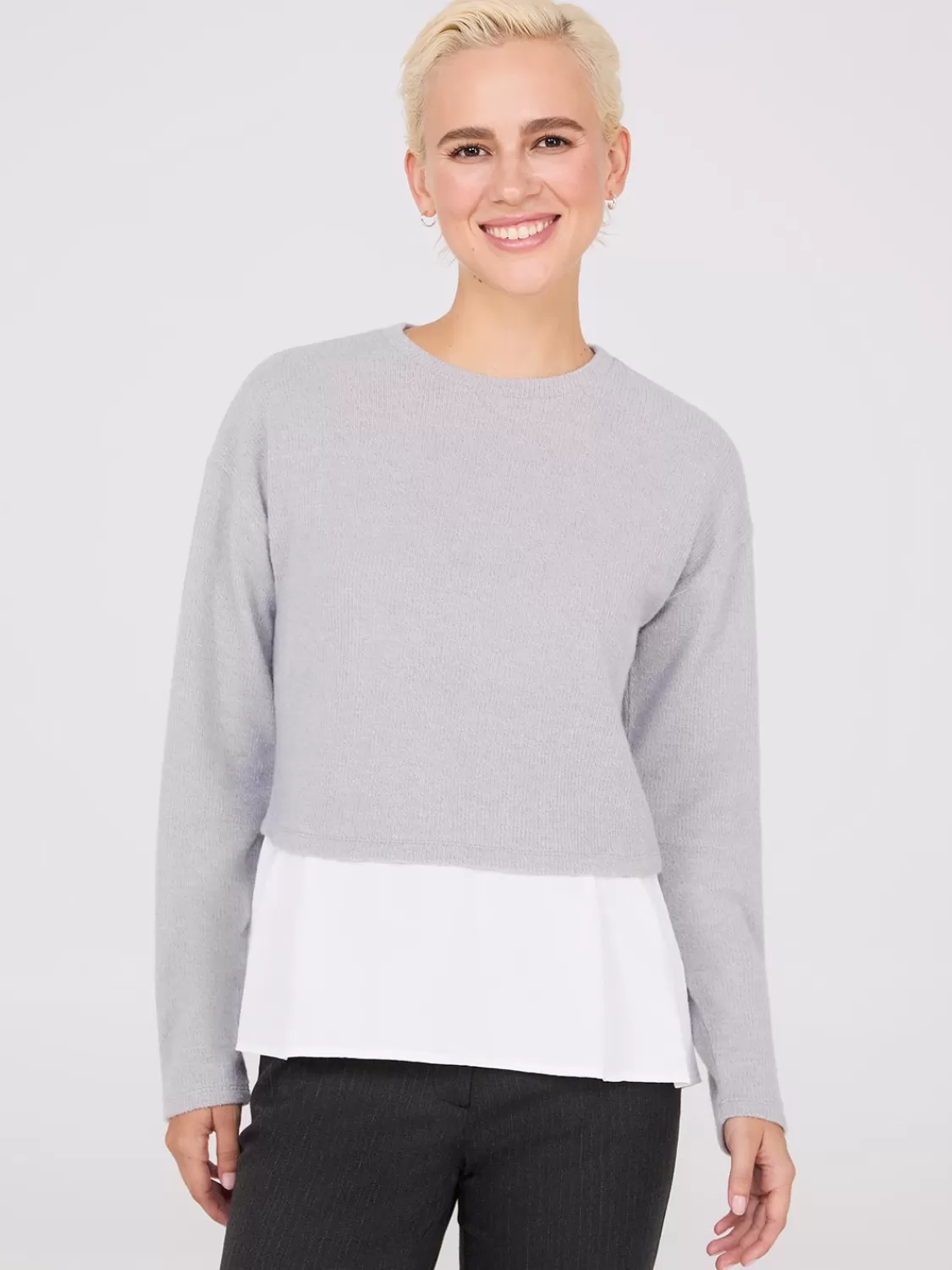 Suzy Shier Long Sleeve*Ribbed Melange 2-Fer Top