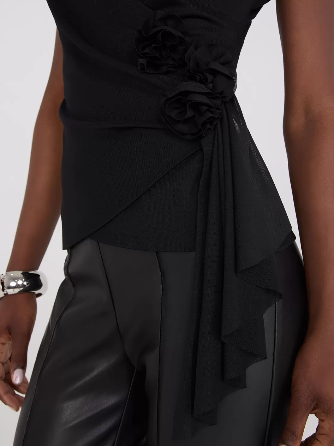 Suzy Shier Tops | Short Sleeve*Rosette Detail Crossover Mesh Top